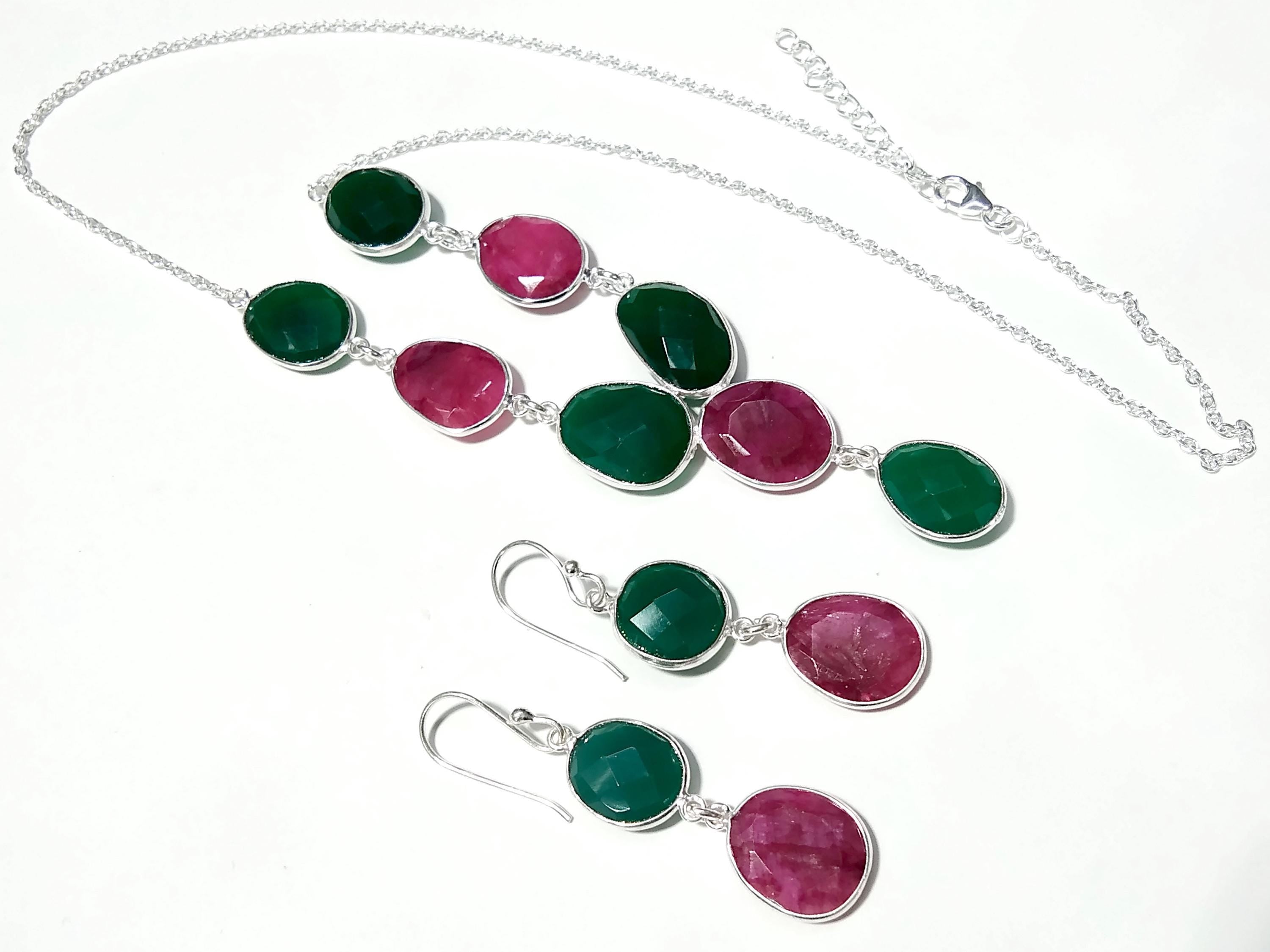 Natural Green Onyx & Red Ruby Necklace and Earring Jewelry Set, 925 Sterling Silver Necklace Earring Jewelry, Gift For Women Birthstone
