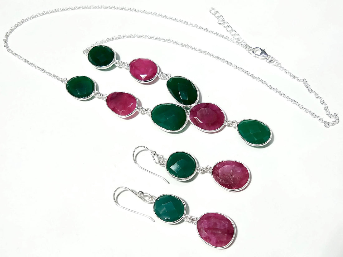 Natural Green Onyx & Red Ruby Necklace and Earring Jewelry Set, 925 Sterling Silver Necklace Earring Jewelry, Gift For Women Birthstone