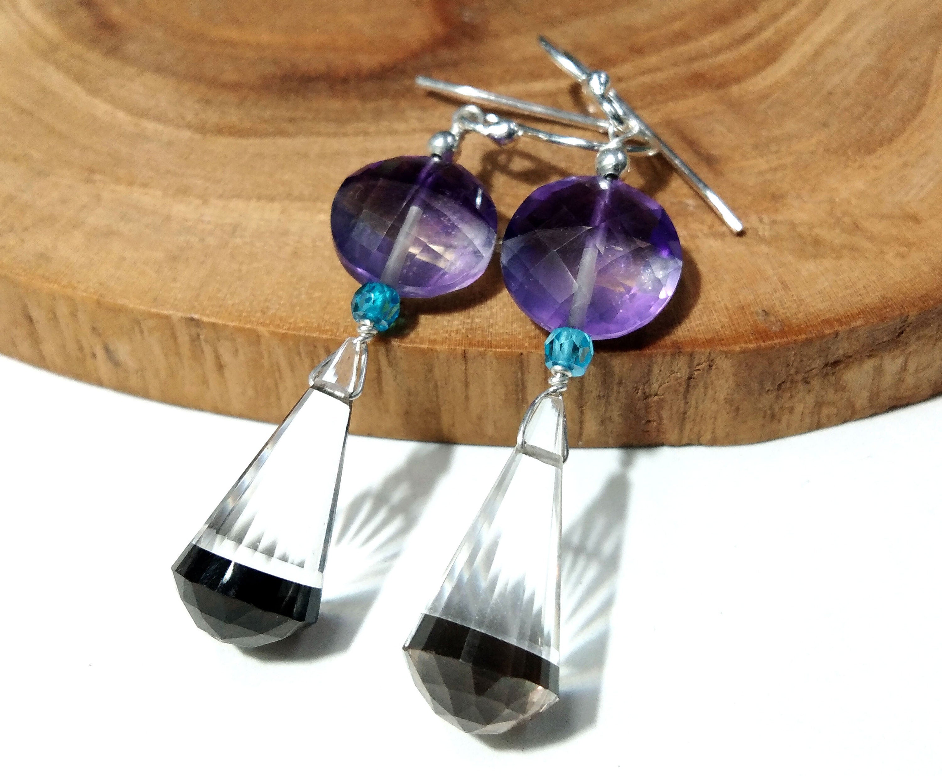 Natural Color Doublet Gemstone Amethyst, Crystal & Smoky Quartz Multi Stone Earrings, With 925 Silver Jewelry For Gifts Girls/Women
