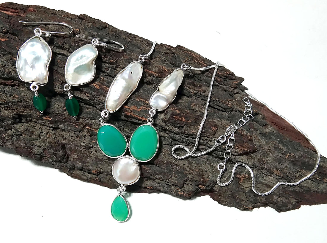 Natural Fresh Water Pearl/Chrysoprase Stone Necklace Earring Jewelry Set, 925 Sterling Silver Necklace Jewelry, Necklace Set For Women
