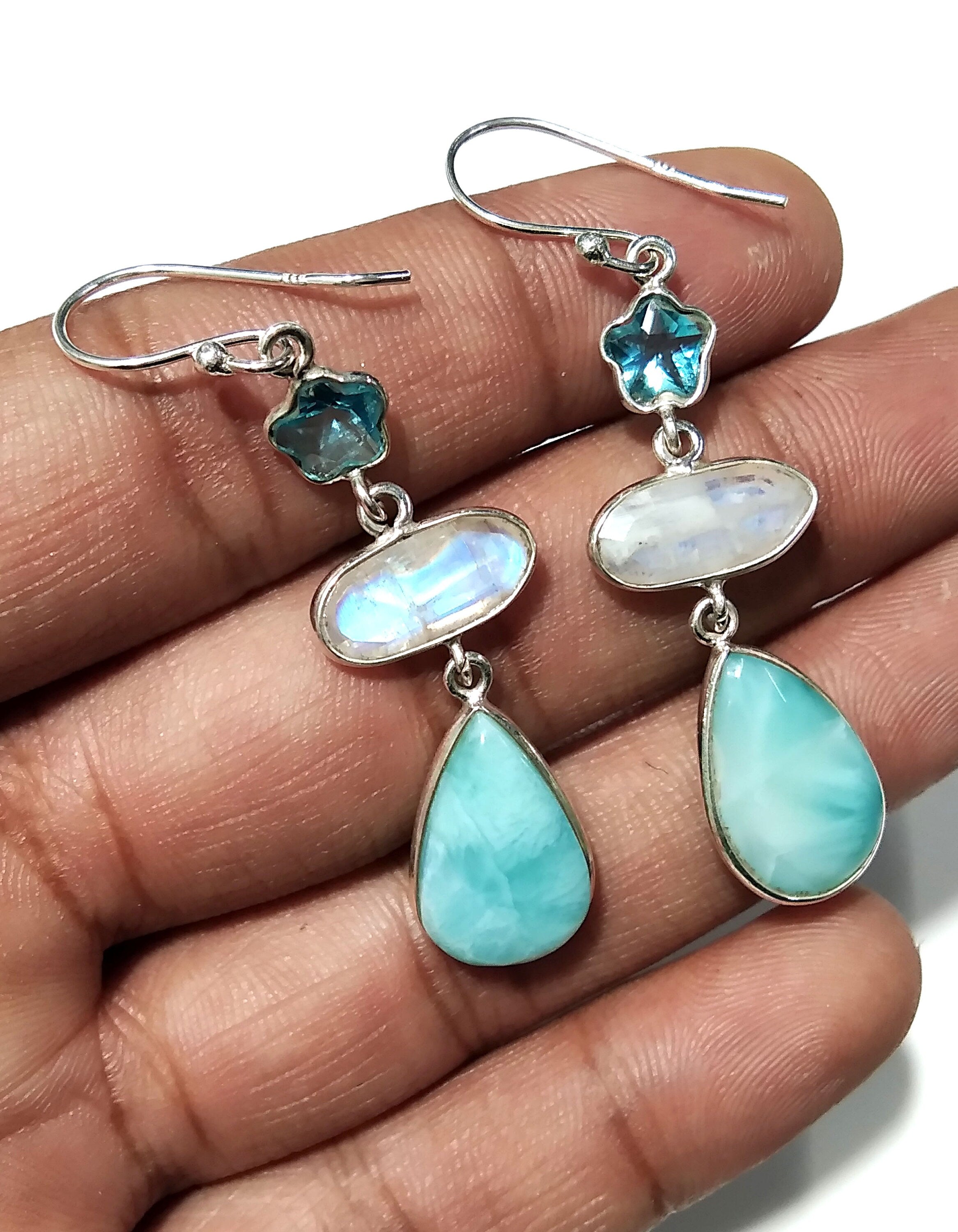 Natural Larimar,Rainbow Moonstone,Blue Topaz Stone Drop Earring, 925 Starling Silver Earring, Larimar Gemstone Wedding Earring, For Woman