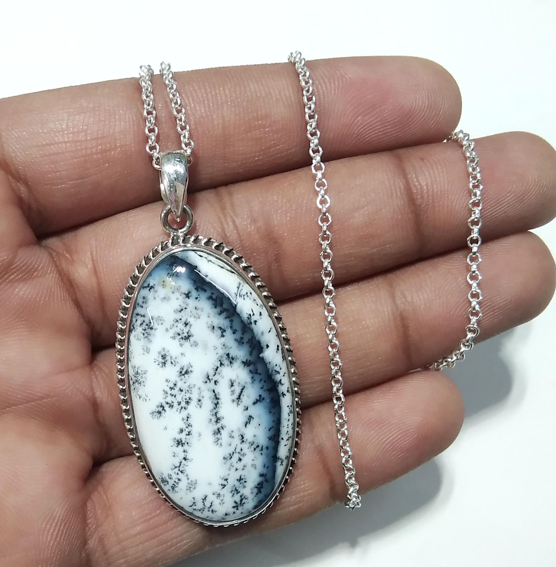 Amazing Design Dendrite Opal Gemstone Pendant Chain Necklace, Natural Dendrite Stone With 925 Sterling Silver Pendant, Gift Wedding Jewelry