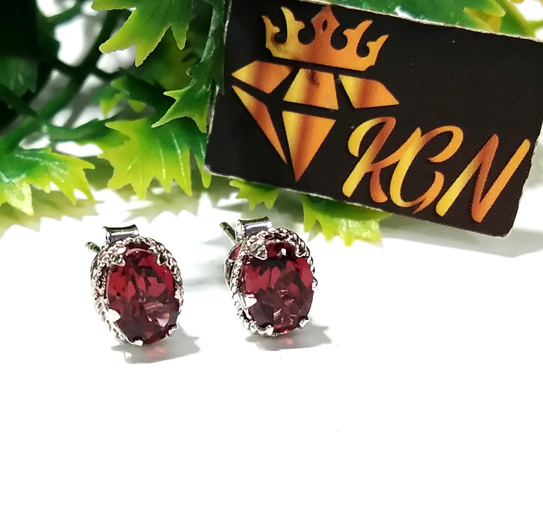 Natural Garnet Stud Earrings, 925 Starling Silver Earring Jewelry, Red Garnet Gemstone Oval Shape Stone Size 7x5 mm Christmas Gift For Her
