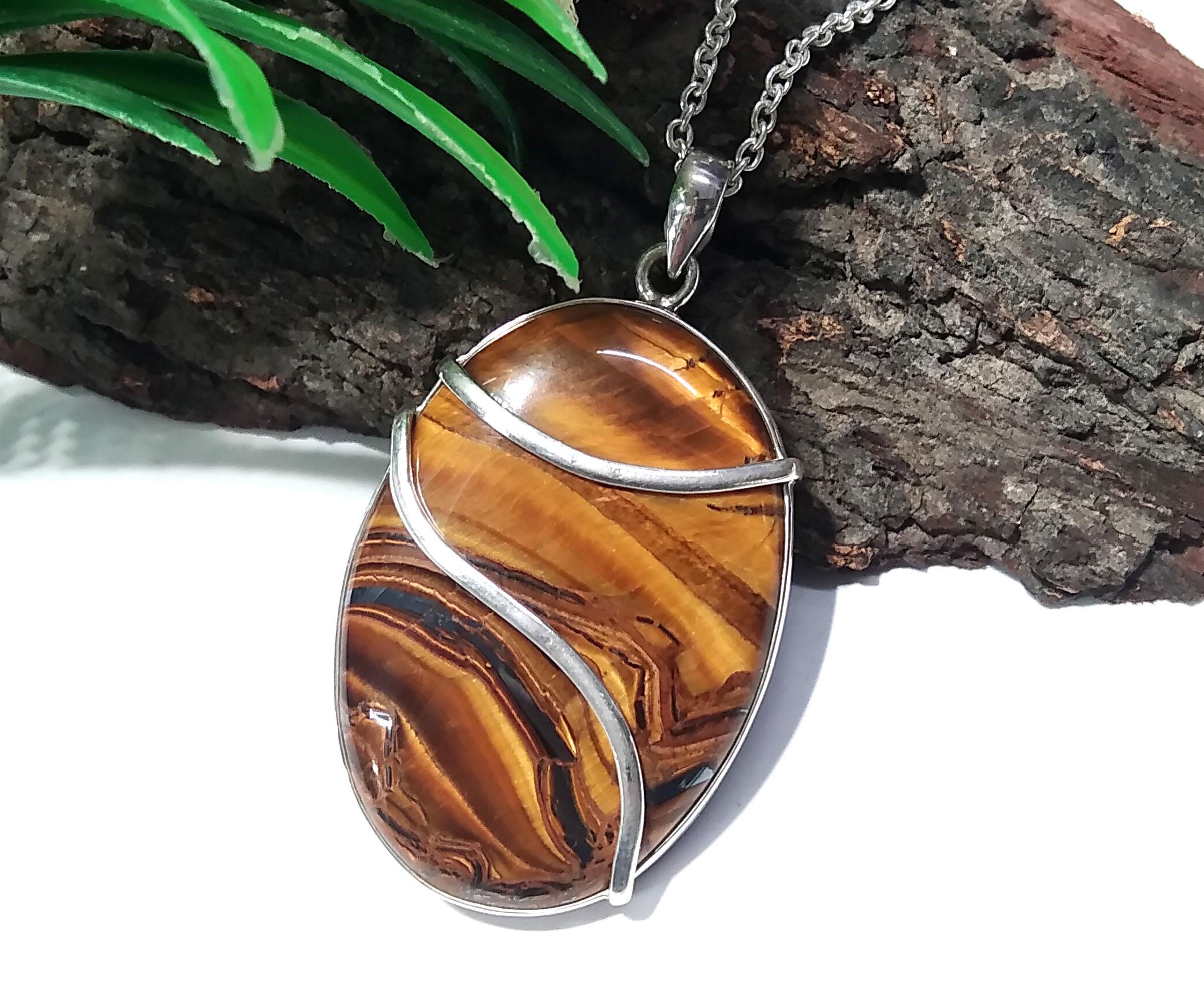 Natural Tiger Eye Gemstone Pendant, 925 Starling Silver Jewellery, Beautiful Nice Yellow Tiger Eye  Pendant Chain Necklace Wedding Gift Etc.