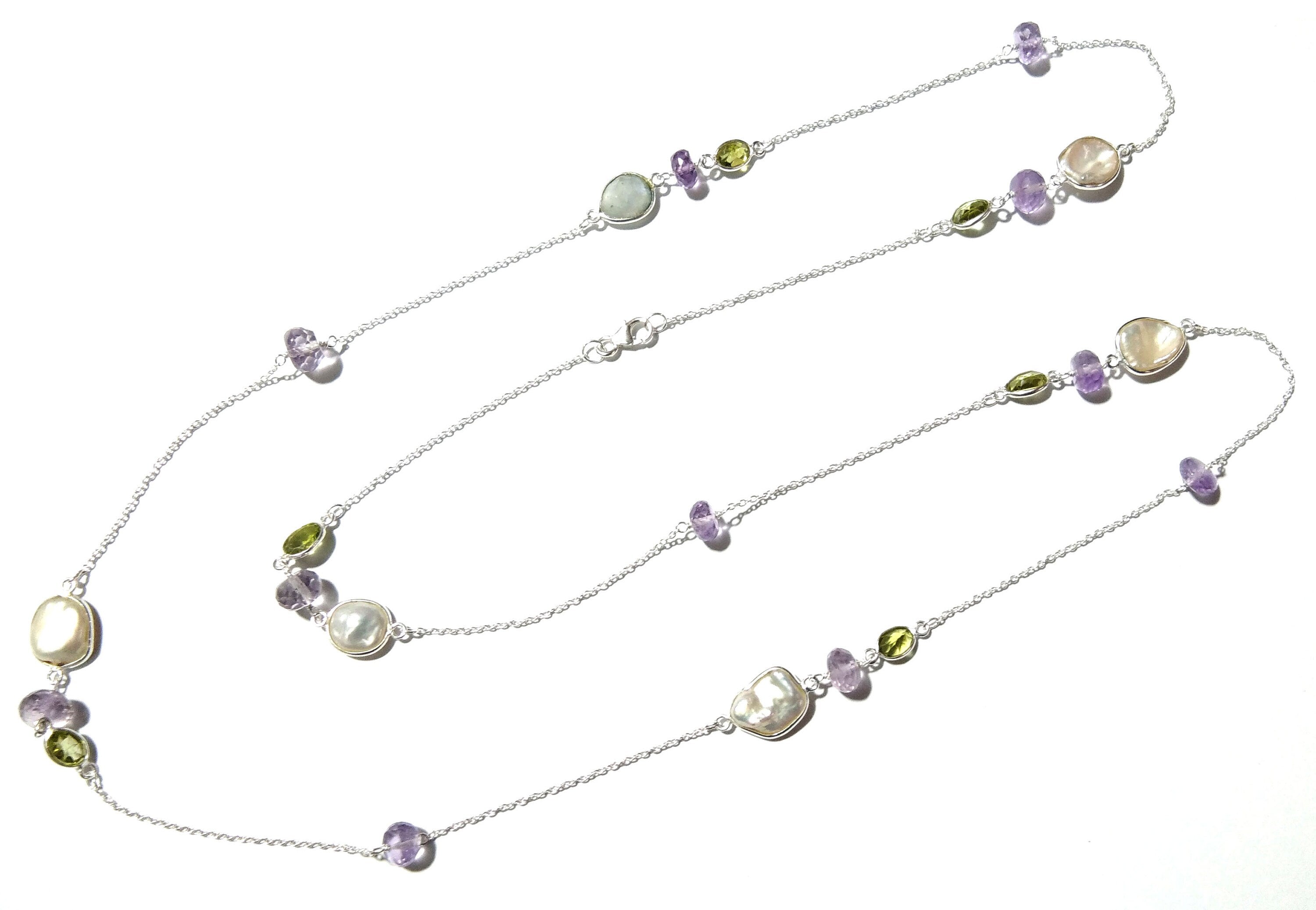 Beaded Log Necklace ! 925 Starling Silver With Natural Gemstone Peridot, Amethyst & Fresh Water Pearl Necklace, Beautiful Necklace For Women