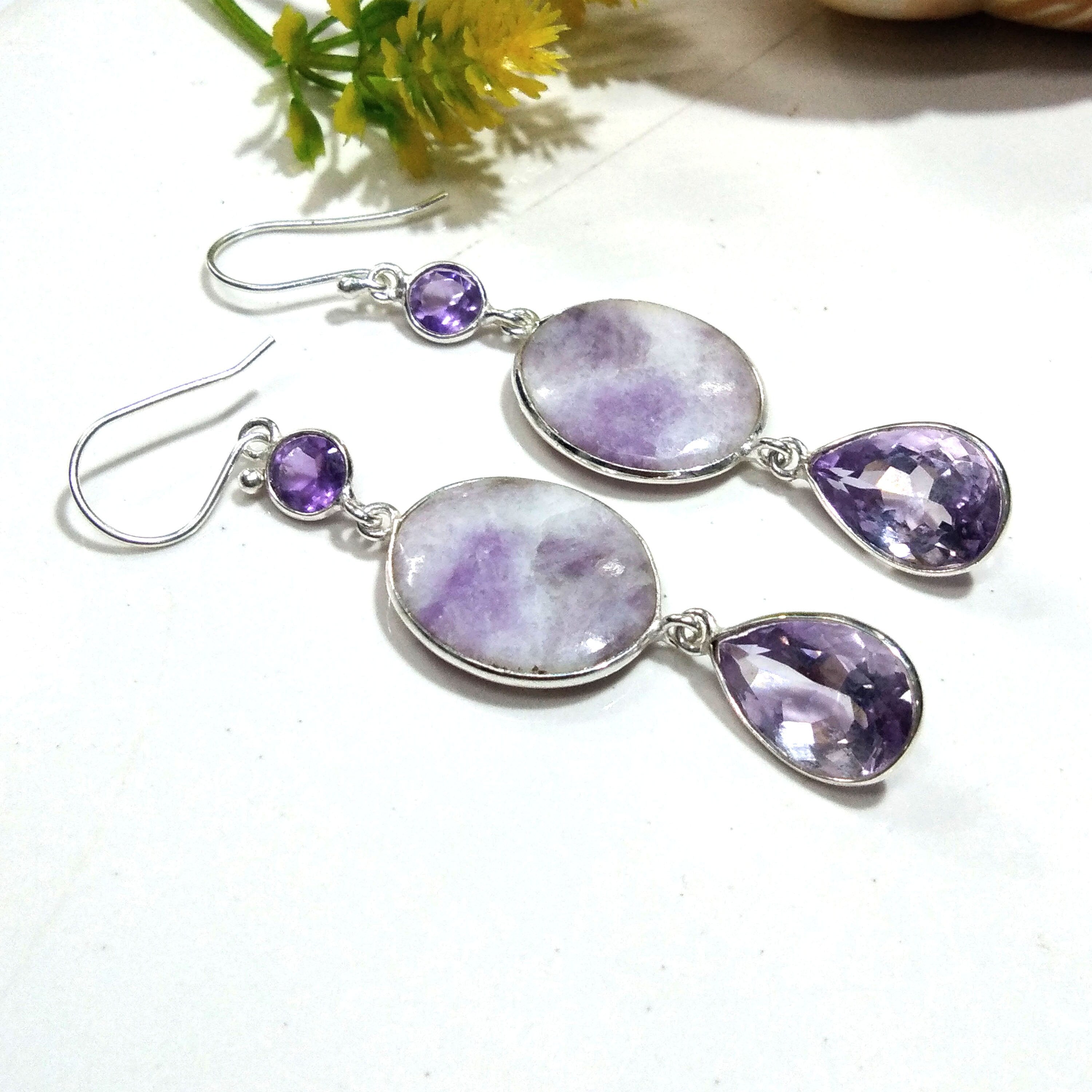 Natural Pink Lepidolite, Amethyst Gemstone Earring, 925 Solid Starling Silver Earring, Handmade Silver Jewelry Lepidolite Stone Earring Gift