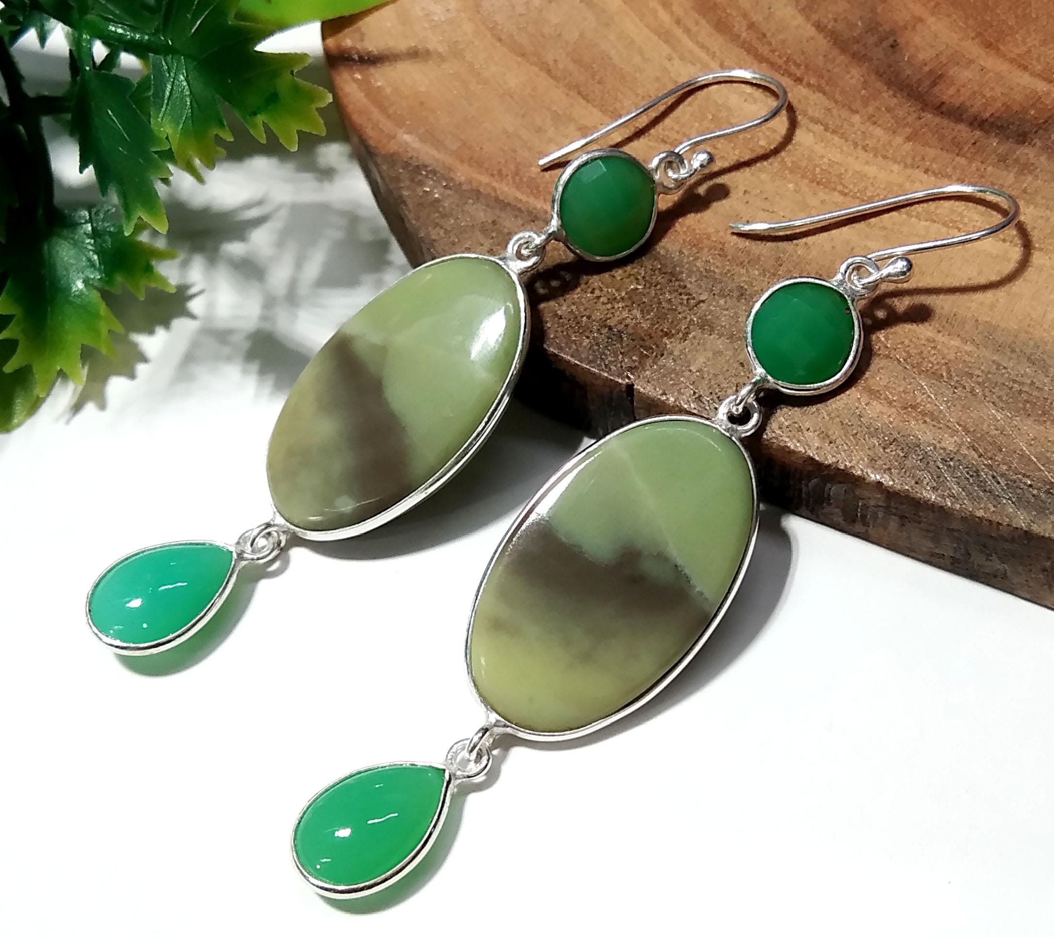 Green Serpentine,Chrysoprase Stone Drop Earring, 925 Starling Silver Earring, Amazing Quality Green Serpentine Earring, For Girls/Women
