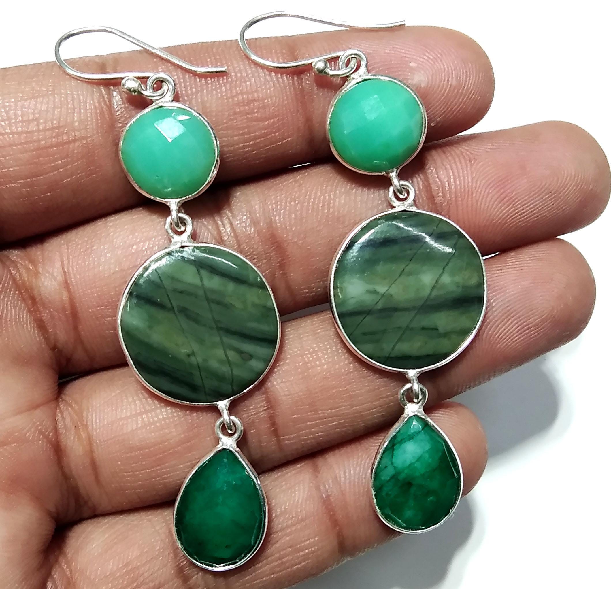 Natural Chrysoprase,Green Jasper,Emerald Stone Drop Earring, 925 Solid Starling Silver Earring, Gift Wedding Earring, For Girls & Women.