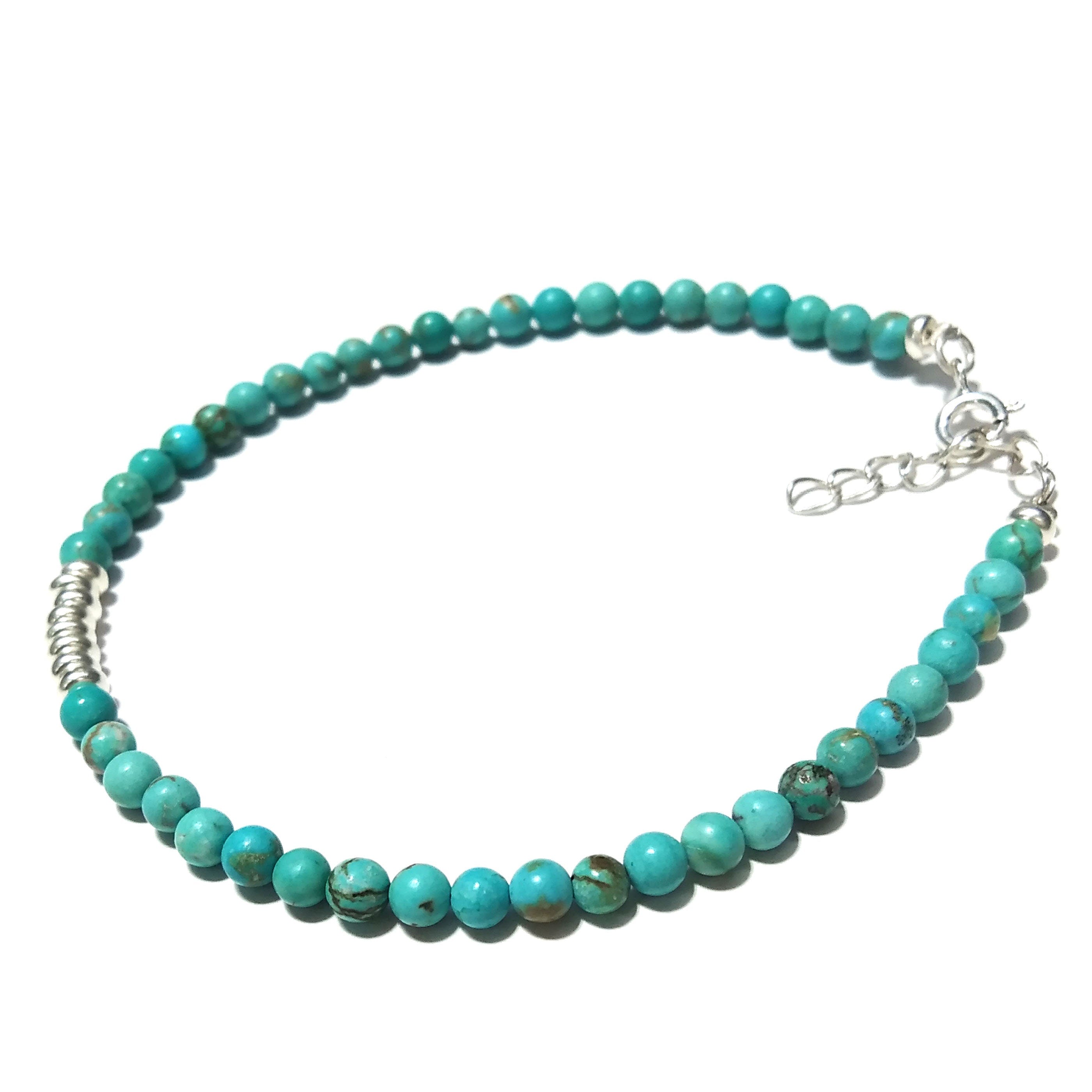 Natural Turquoise Gemstone Bracelet, Solid 925 Silver Wristlet Beaded Bracelet, Healing Crystal Beaded Bracelet, Men & Women Round Bracelet