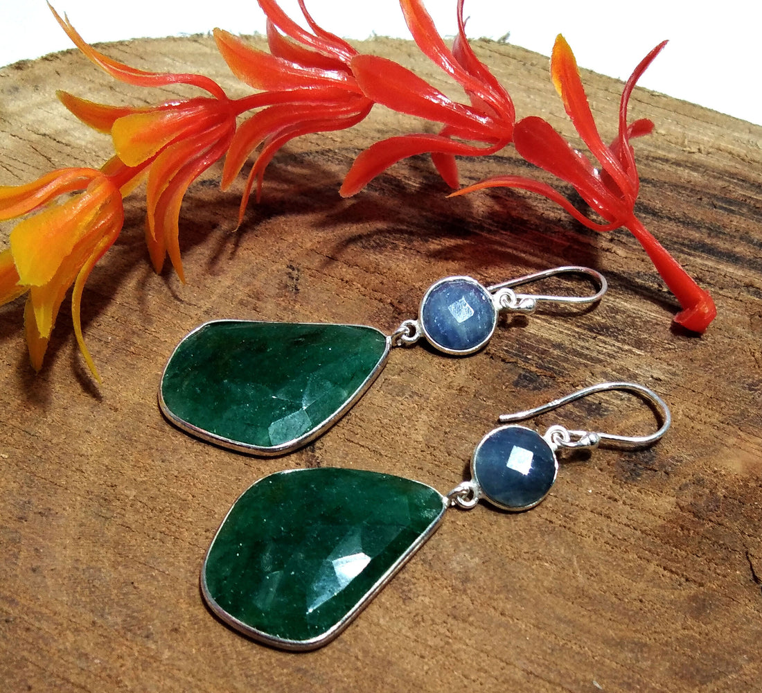 Natural Blue Sapphire/Green Jade Gemstone Earring, 925 Solid Starling Silver Earring, Handmade Silver Earring Top Color Stone Earring Gift