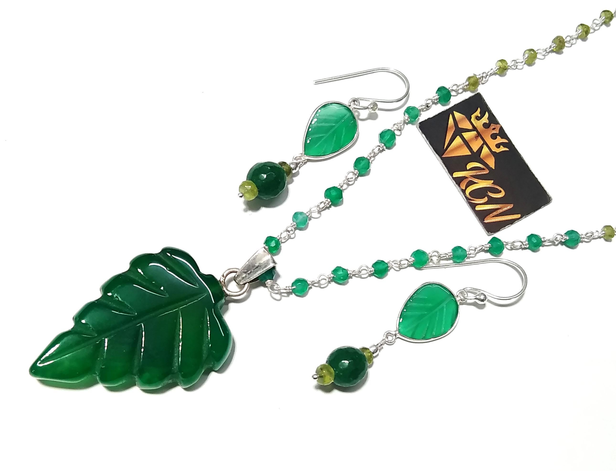 Natural Green Onyx Carving Gemstone Beads Necklace Earring Jewelry Set, 925 Sterling Silver Necklace Beaded Necklace Statement For Jewelry