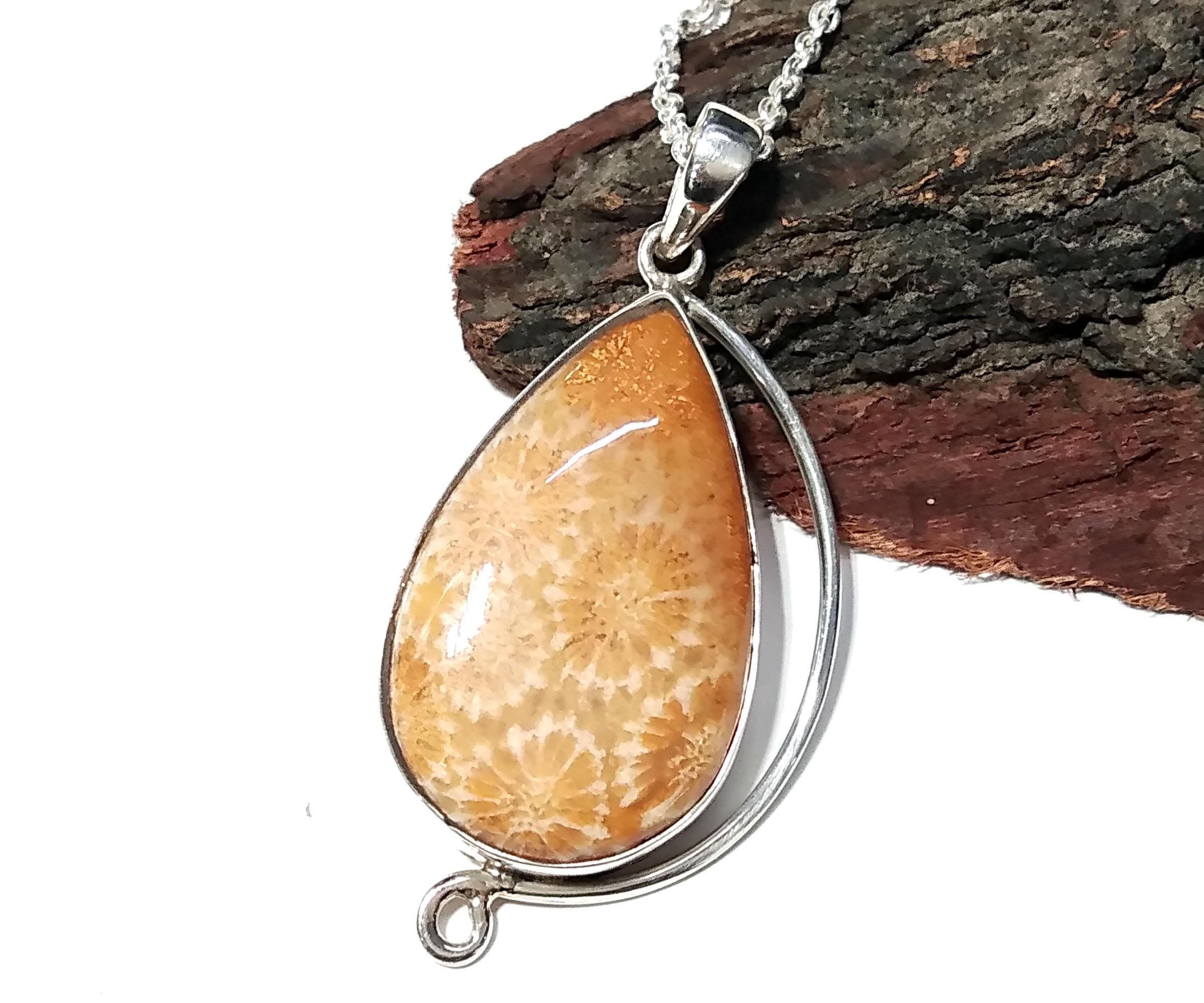 Good Quality Nature Fossil Coral Gemstone Pendant Chain Necklace With 925 Sterling Silver Pendant, Stylish Design Pendant, For Girls & Women
