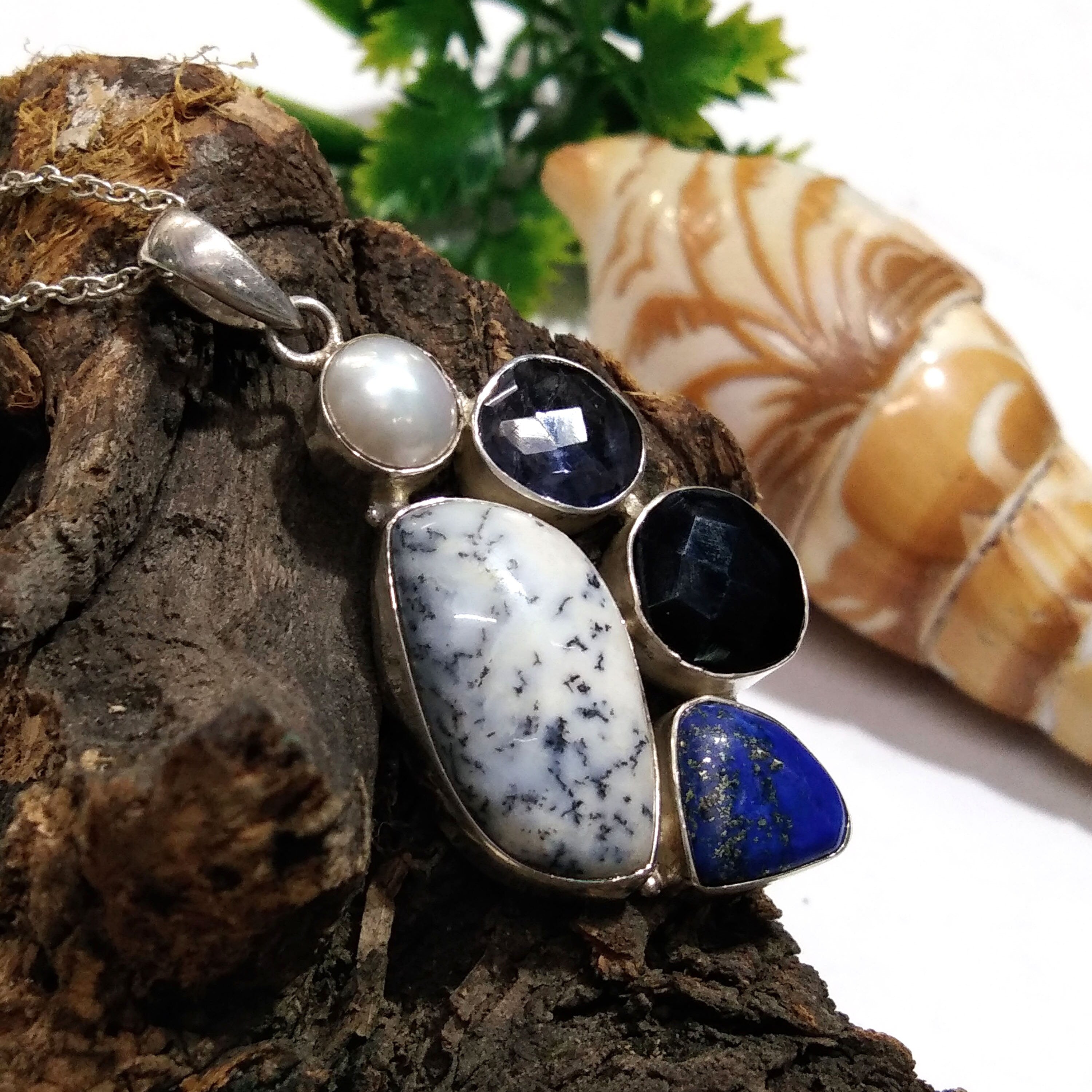 Natural Baroque Pearl,Dendrite Opal,Black Onyx Gemstone Pendant Necklace Chain, 925 Starling Silver Pendant Necklace, Handmade Stone Pendant