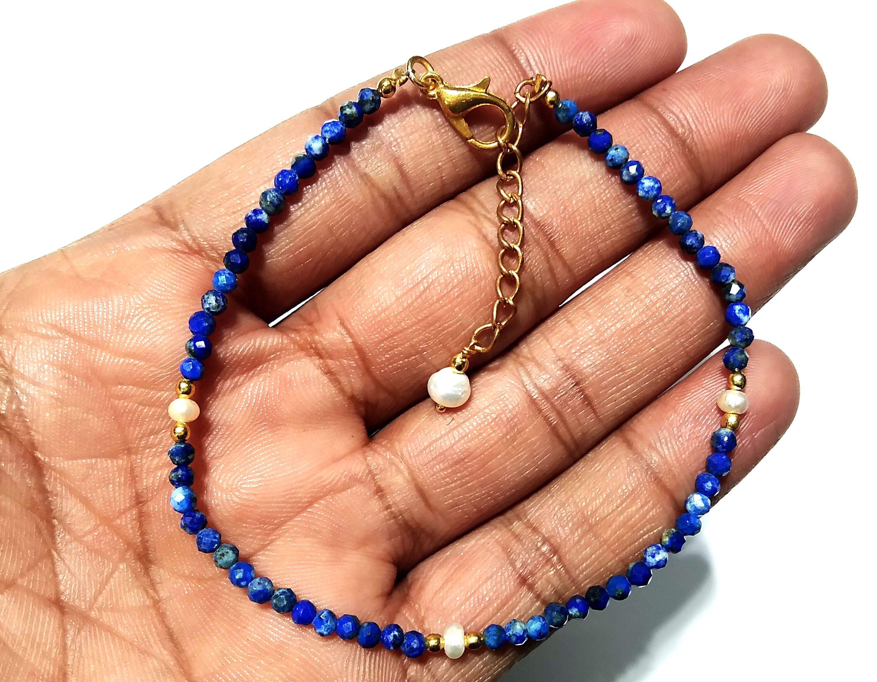 Natural Lapis Lazuli Faceted & Pearl Bracelet, 925 Sterling Silver Stone Bracelet, Top Amazing Quality Gold Silver Making Pearl Bracelet