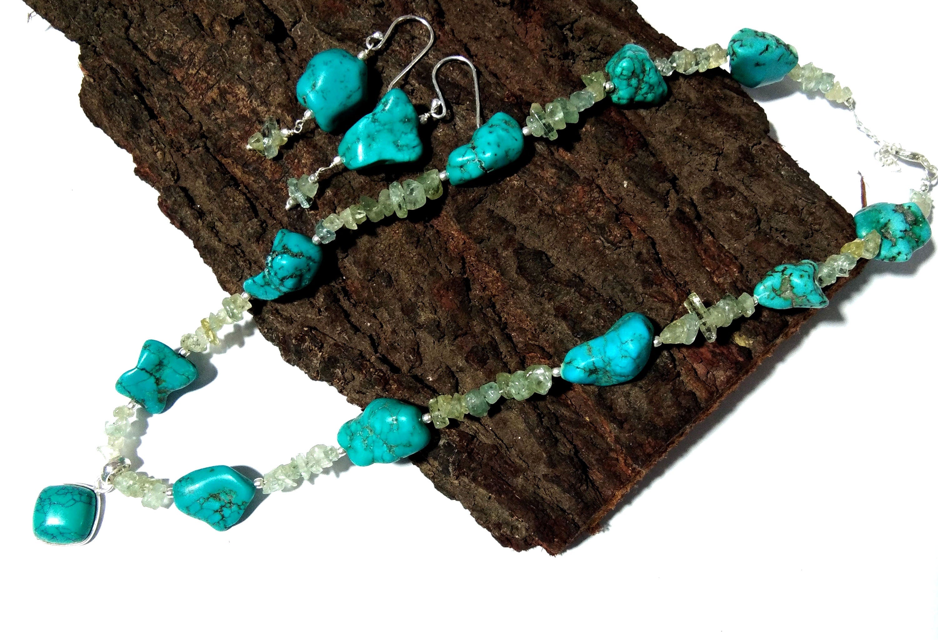 Long Natural Turquoise Rough Gemstone Necklace and Earring Aquamarine Rough Beads Necklace Set 925 Starling Silver Handmade Jewelry For Gift