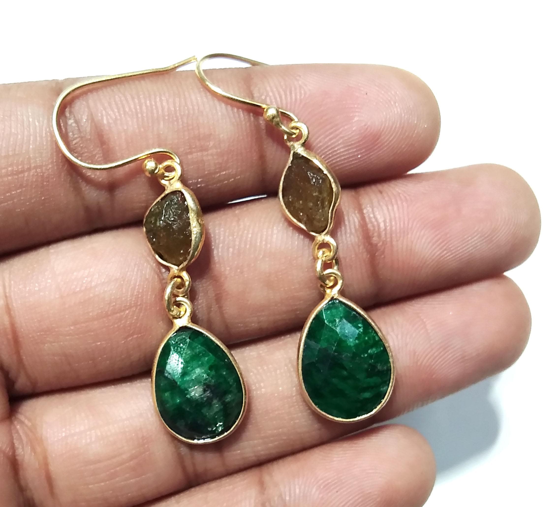 Natural Emerald Gemstone, Peridot Rough Earring, 925 Sterling Silver With Gold Plaited Earring, Beautiful Bezel Earring For Girls/Women Gift