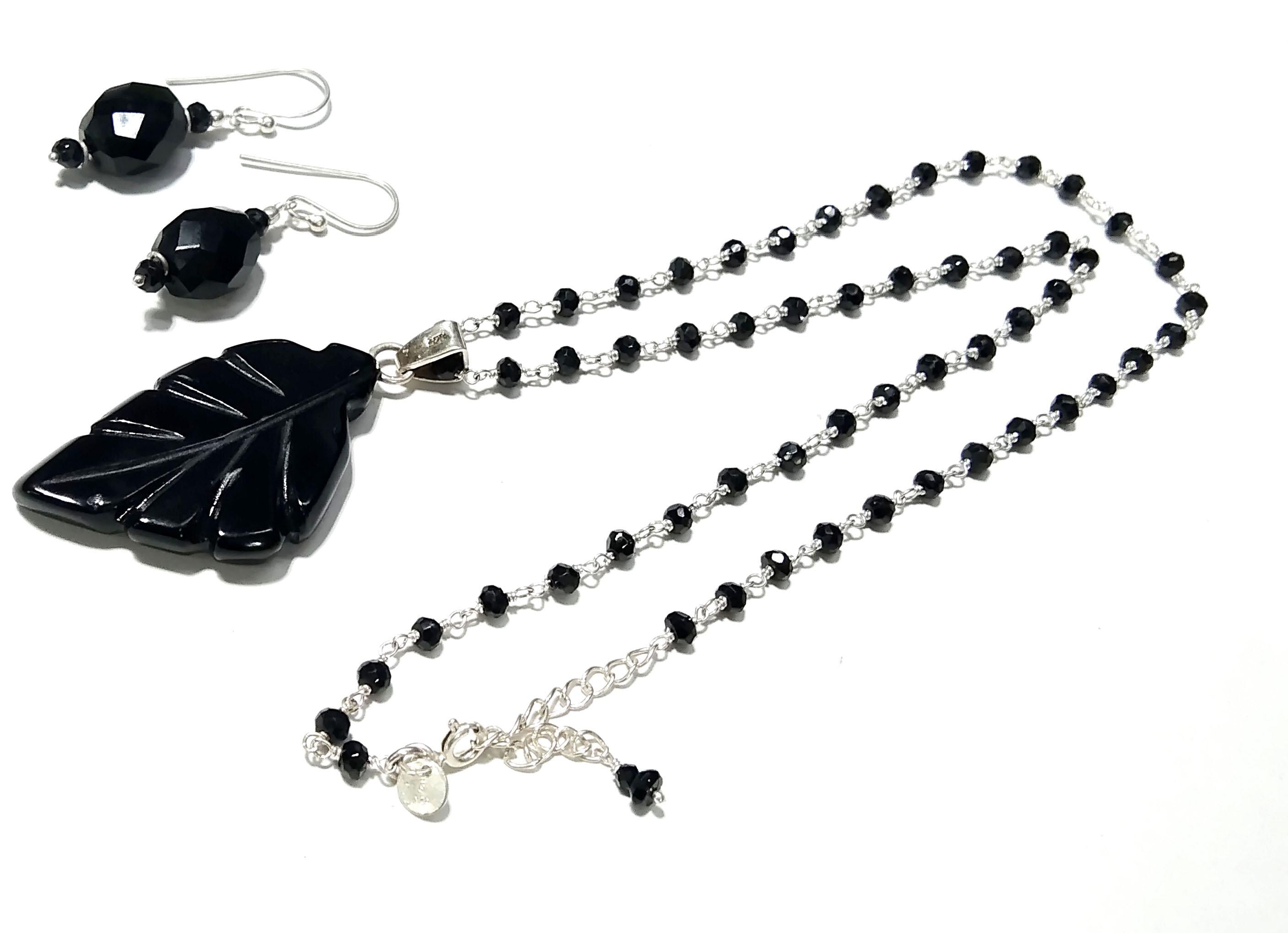 Natural Black Onyx Beads Necklace Earring Jewelry Set, 925 Solid Sterling Silver Necklace Earring, Jewelry Gift For Girls & Women.