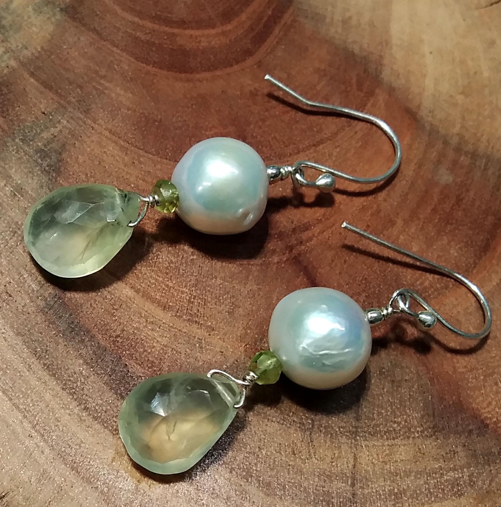 Natural Prehnite/Baroque Pearl Stone Earring, 925 Starling Silver Earring, Prehnite Stone Handmade Earring, Gift Women Bridesmaid Earring