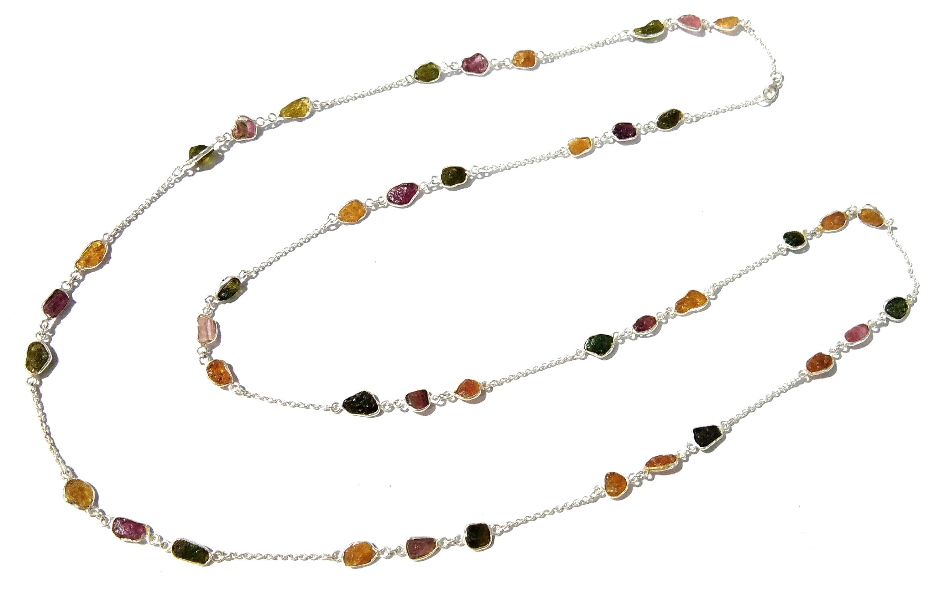 Beautiful Natural Gemstone Multi Color Tourmaline Rough Log Chen Necklace For Girls & Woman, 925 Starling Silver Log Necklace Length 44 inch