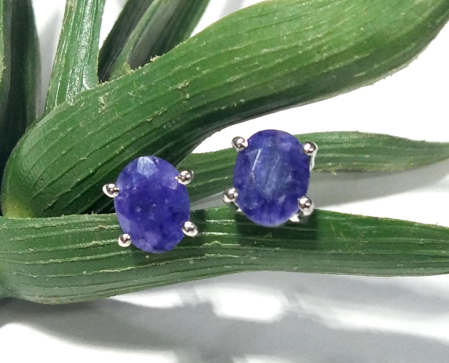 Blue Sapphire Stud Earrings, 925 Solid Silver Earring Jewelry, Sapphire Gemstone Oval Shape Stone Size 8x6mm Birthday Gift For Her Studs
