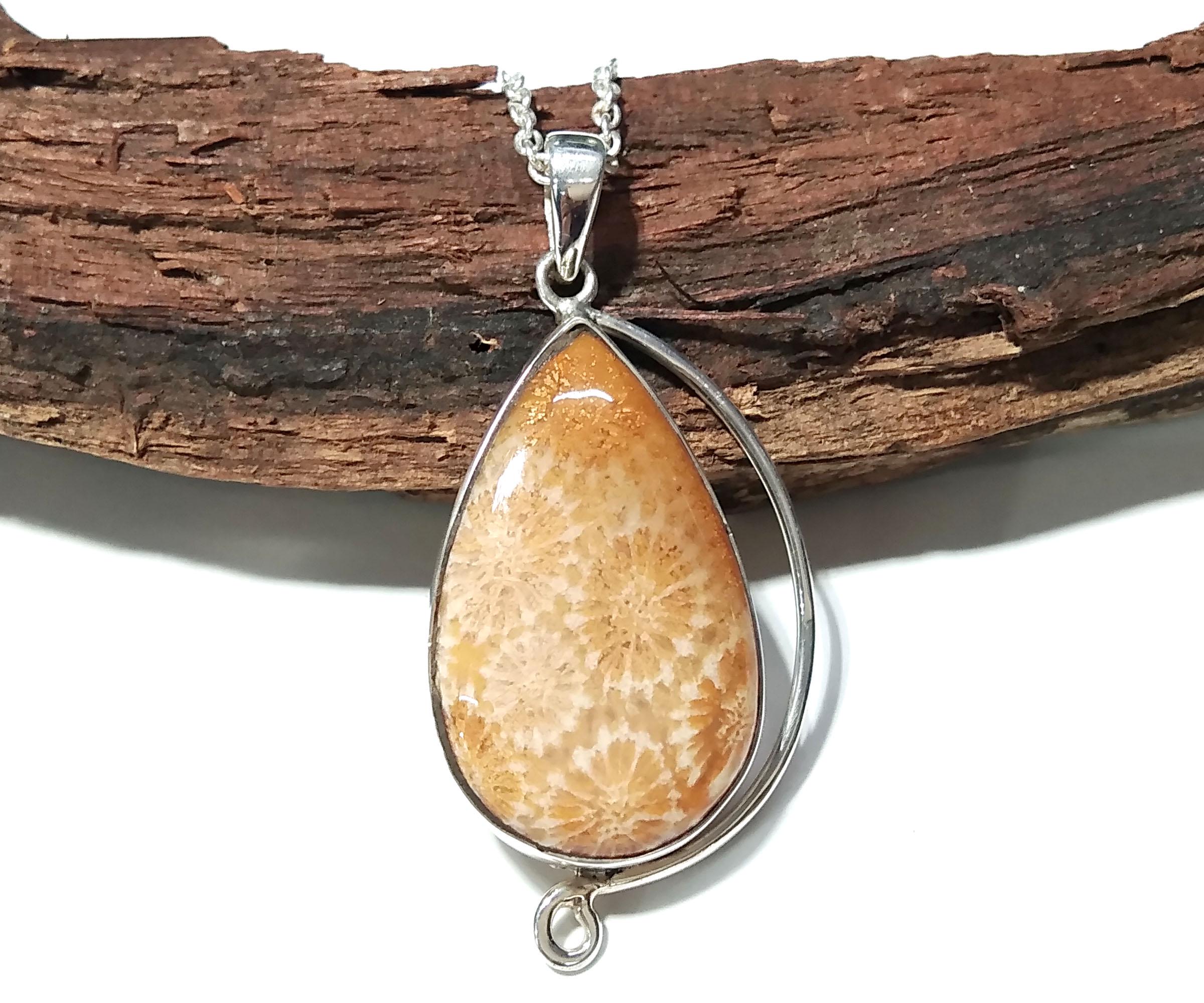 Good Quality Nature Fossil Coral Gemstone Pendant Chain Necklace With 925 Sterling Silver Pendant, Stylish Design Pendant, For Girls & Women