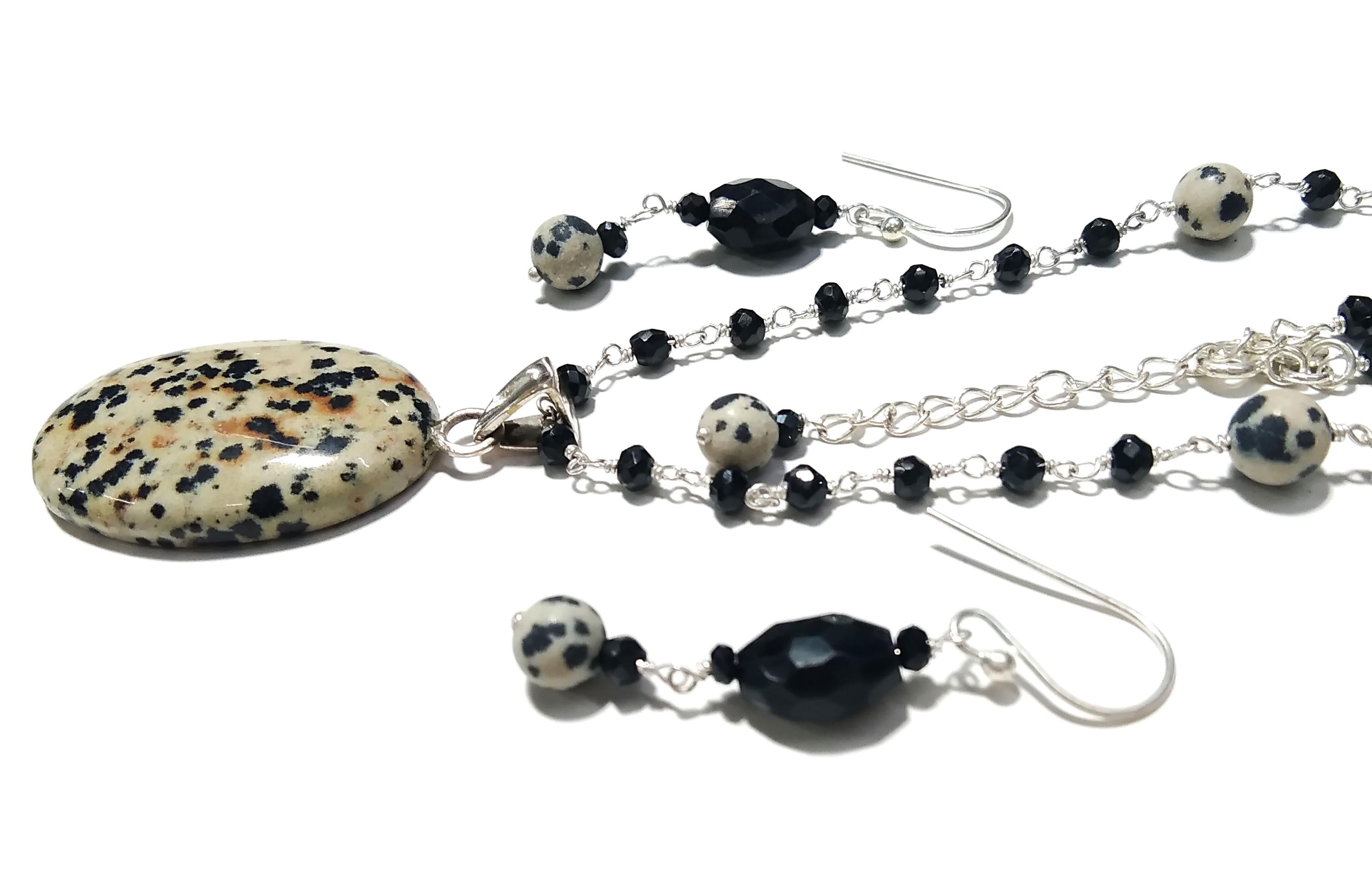 Natural Dalmatian Jasper/Black Onyx Necklace Earring Jewelry Set, 925 Sterling Silver Necklace Gemstone Necklace Statement For Gift Jewelry
