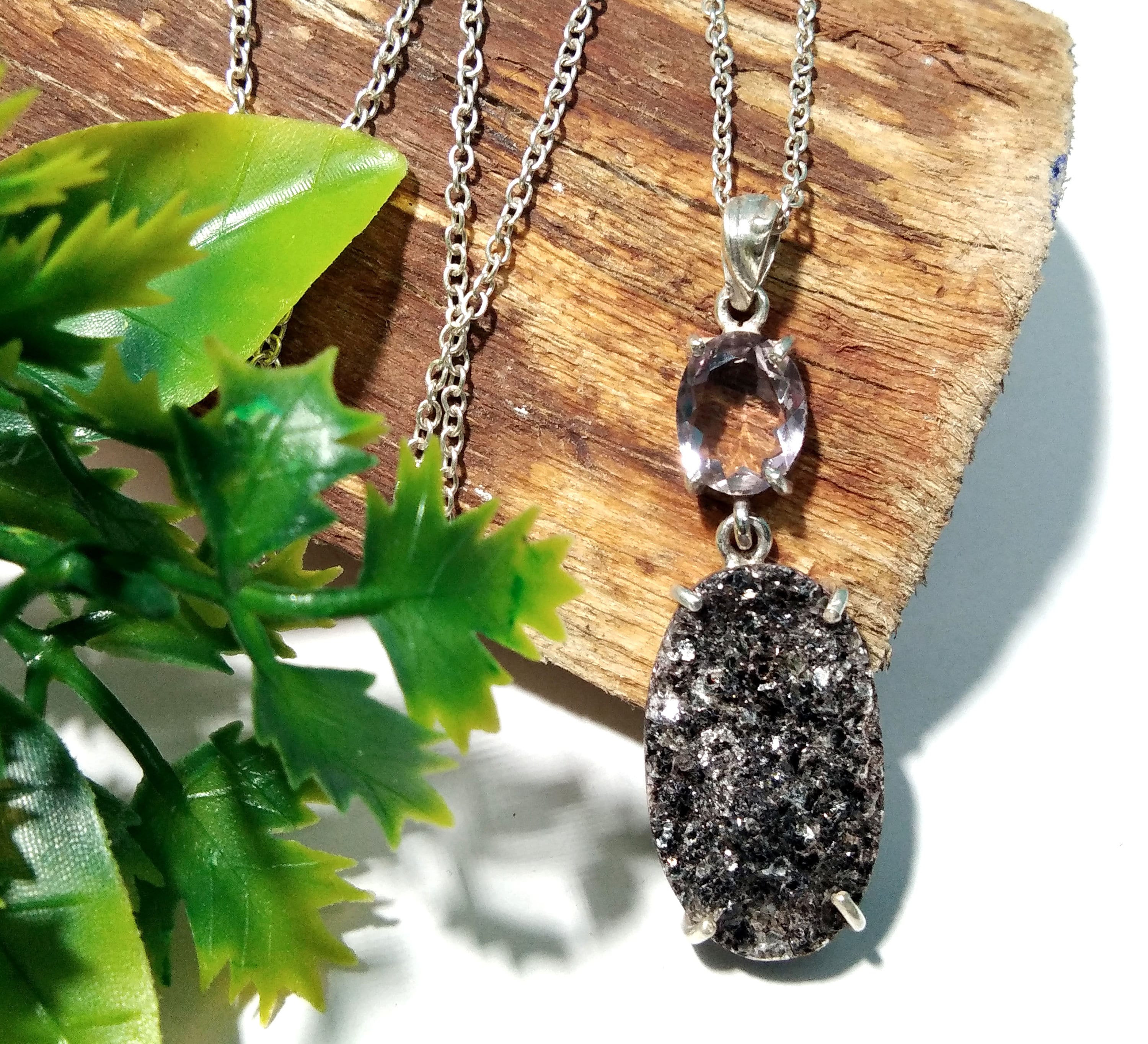 Natural Black Silver Mica Druzy/Faceted Amethyst Gemstone Chain Pendant Necklace, 925 Starling Silver Pendant Handmade Jewelry Birthday Gift