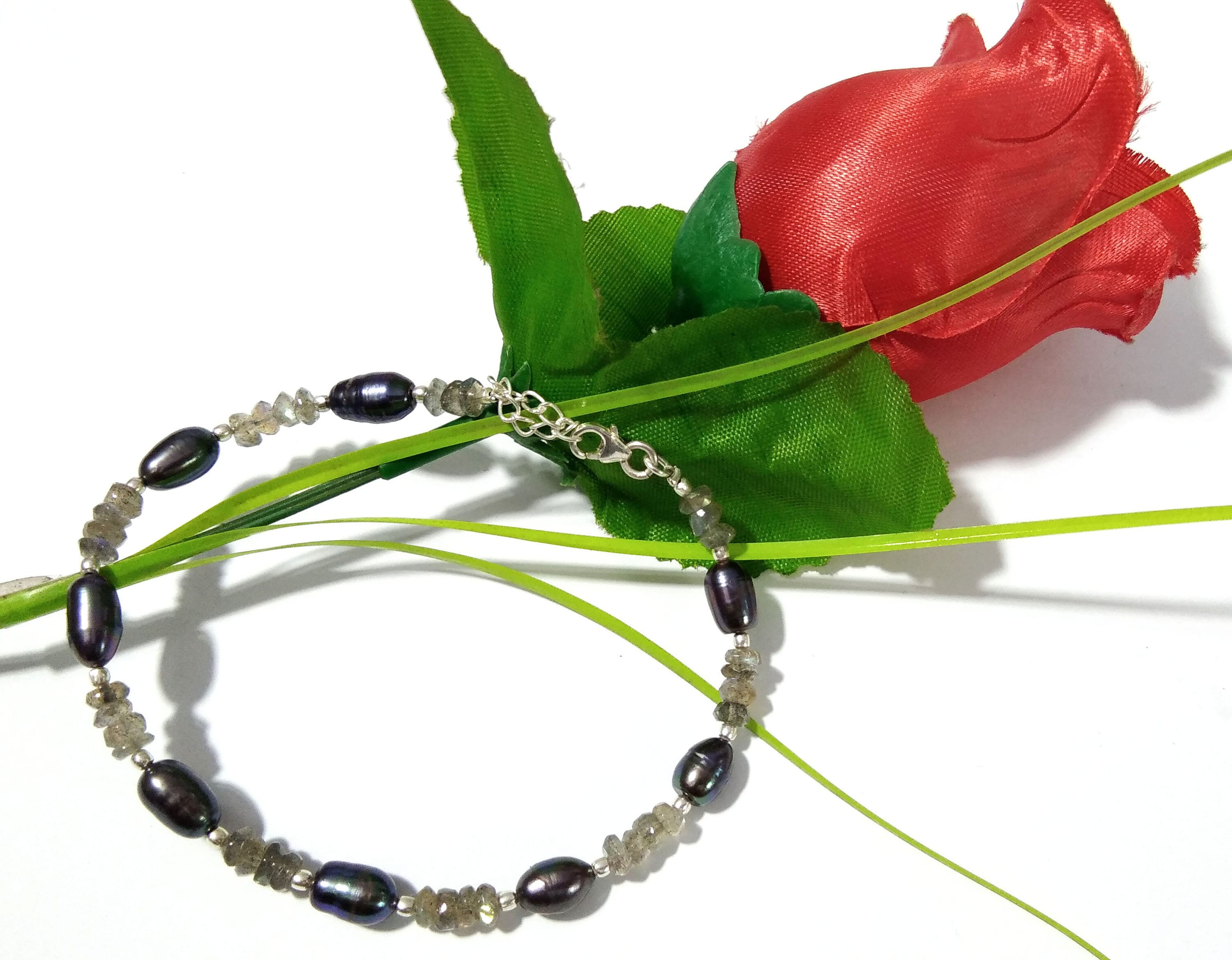 Labradorite & Grey Pearl Adjustable Bracelet, Natural Gemstone With 925 Silver Jewelry, Wedding Bracelet, Friendship Bracelet Gift For Women