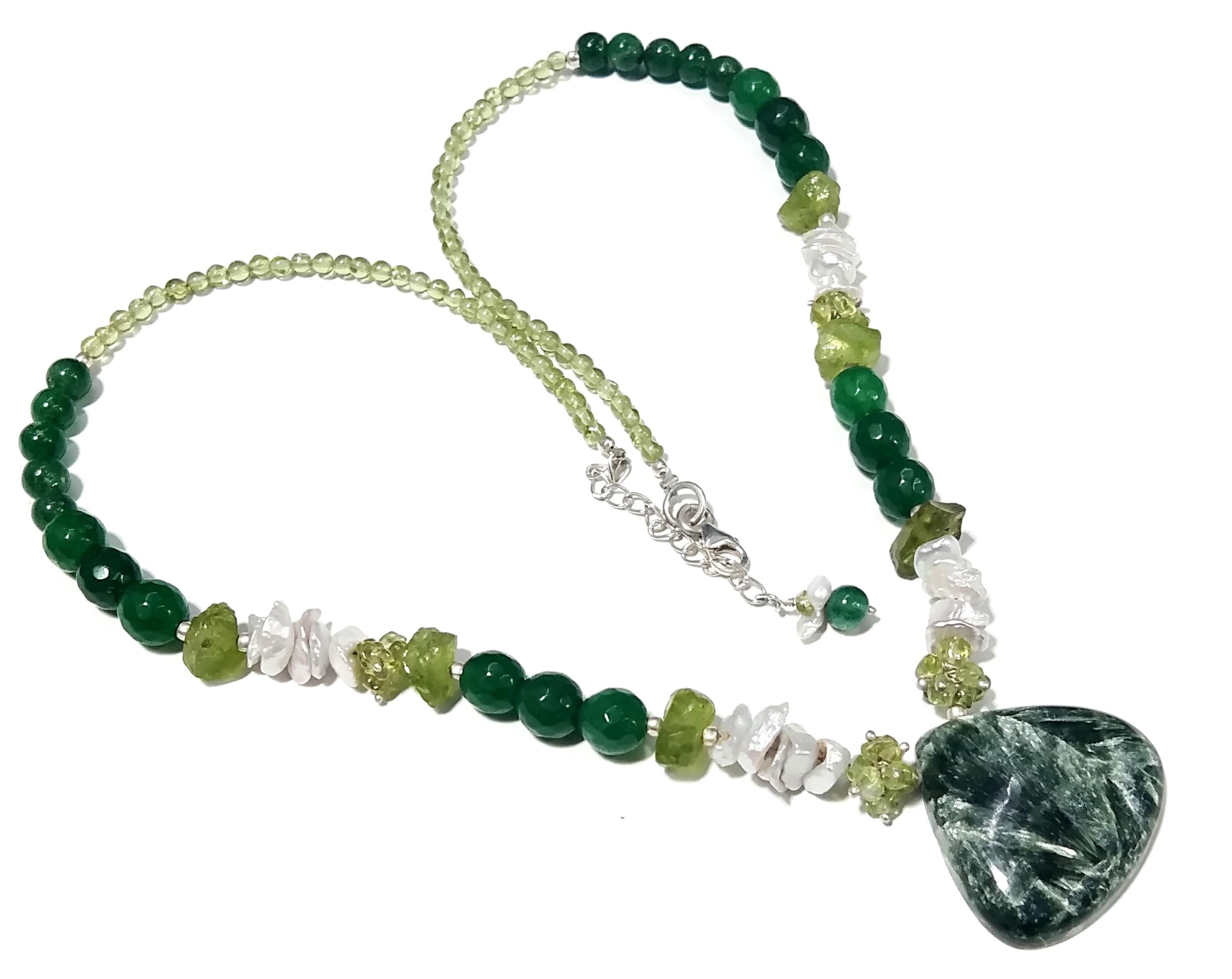 Natural Seraphinite/Peridot/Green Jade Gemstone Beads Necklace Set, Jewelry 925 Sterling Silver Necklace, Beaded Necklace Statement Jewelry