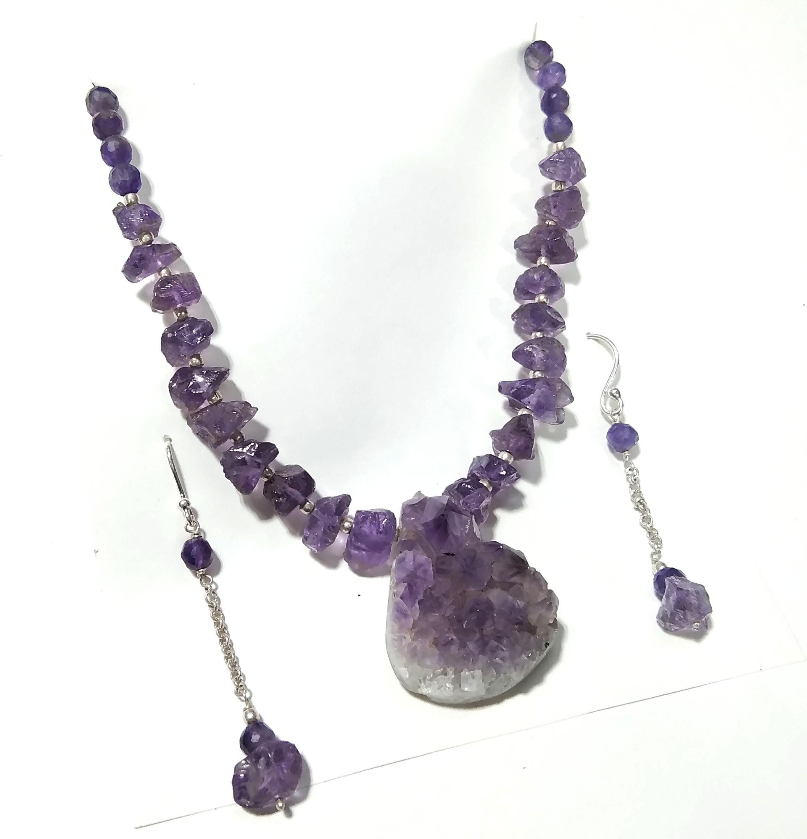 Amethyst Druzy Stone Rough Beads Necklace & Earrings Jewelry Set, 925 Sterling Silver Necklace Beaded Necklace Statement Jewelry