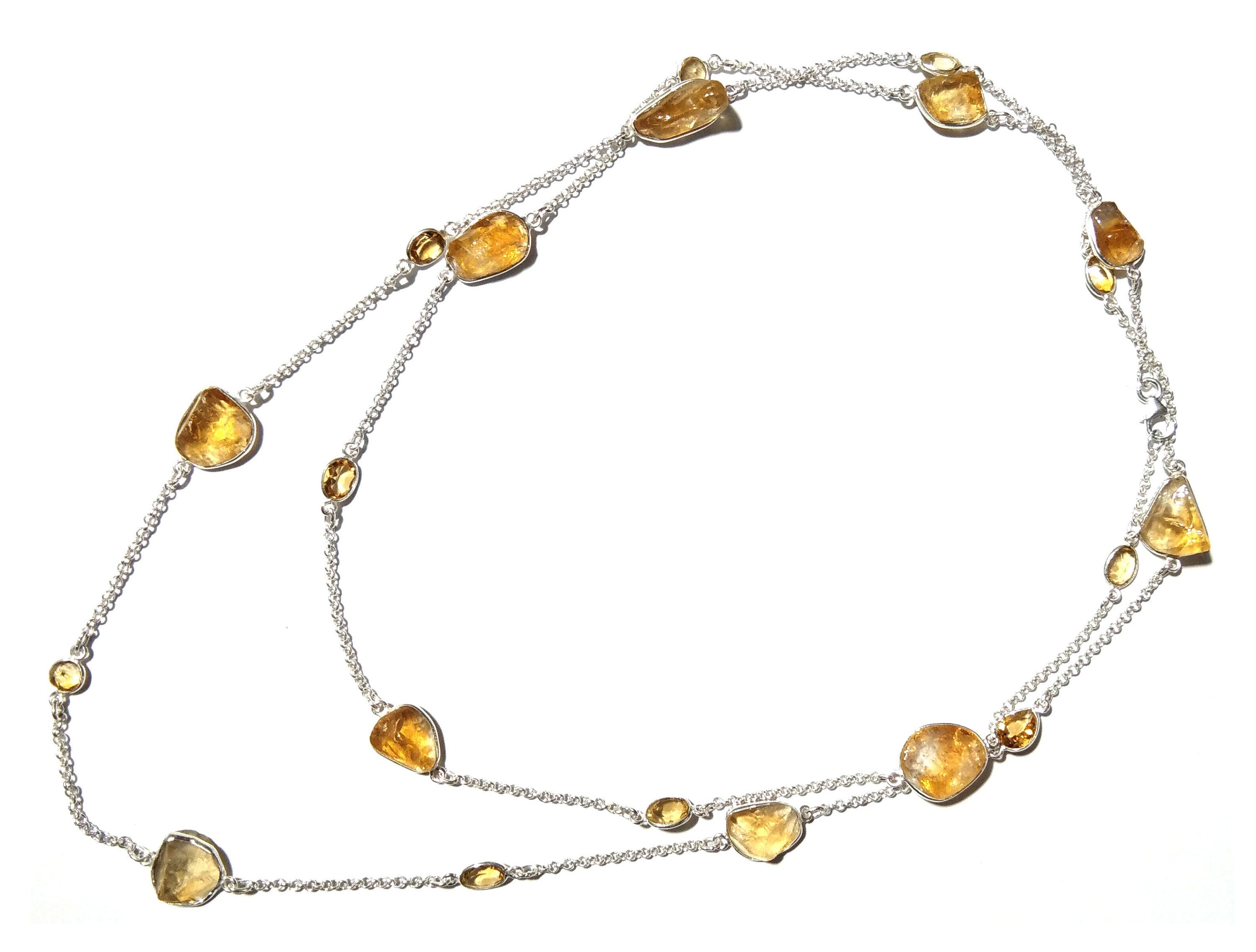 Beautiful Log Chain Necklace Natural Citrine Faceted & Rough Stone Bezel Necklace Chain 925 Starling Silver Chain Necklace Length 36 inche