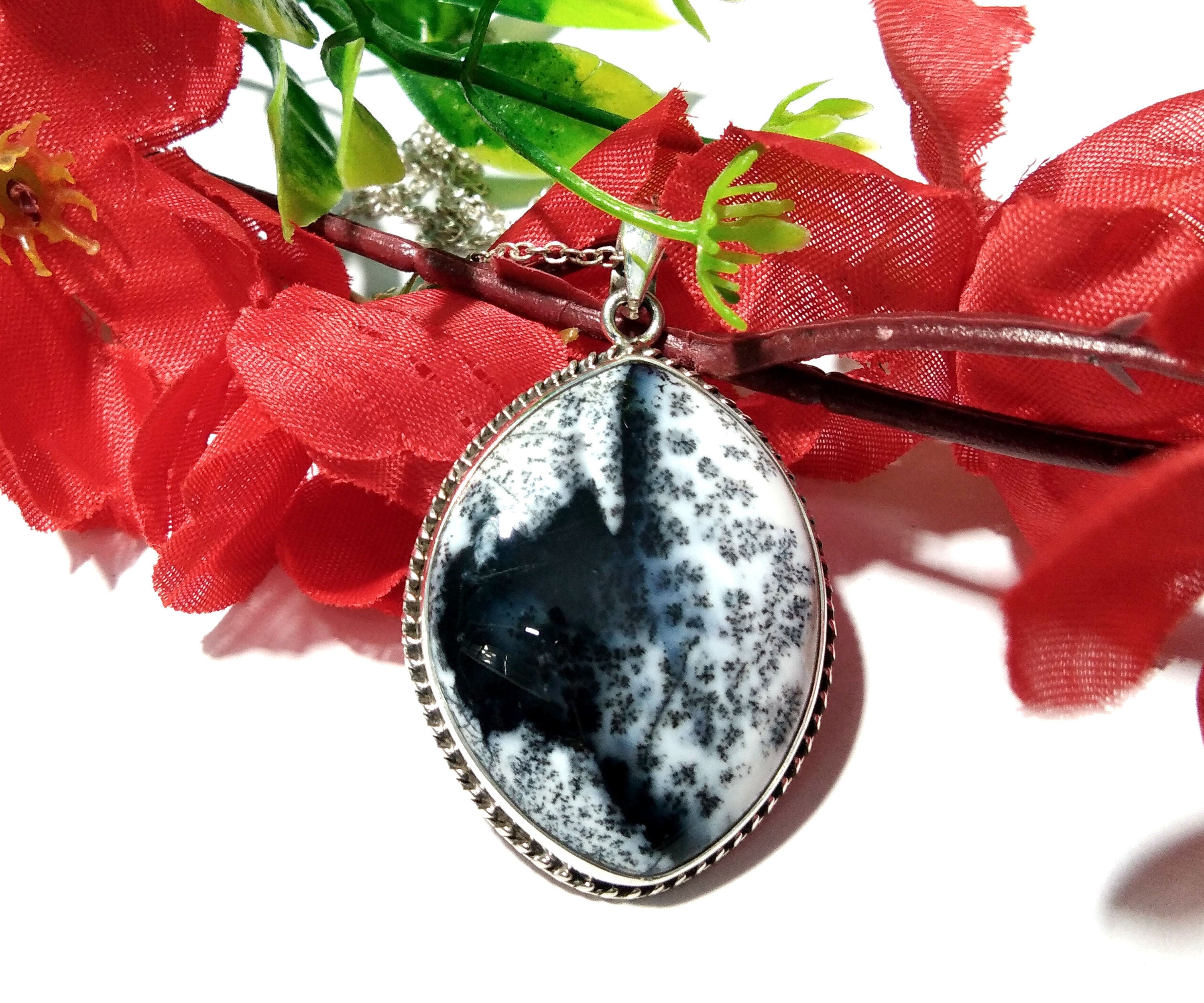 Natural Dendrite Opal Gemstone Pendant, 925 Solid Sterling Silver Design Pendant Chain, Fancy Shape For Gift Easter Pendant Jewelry
