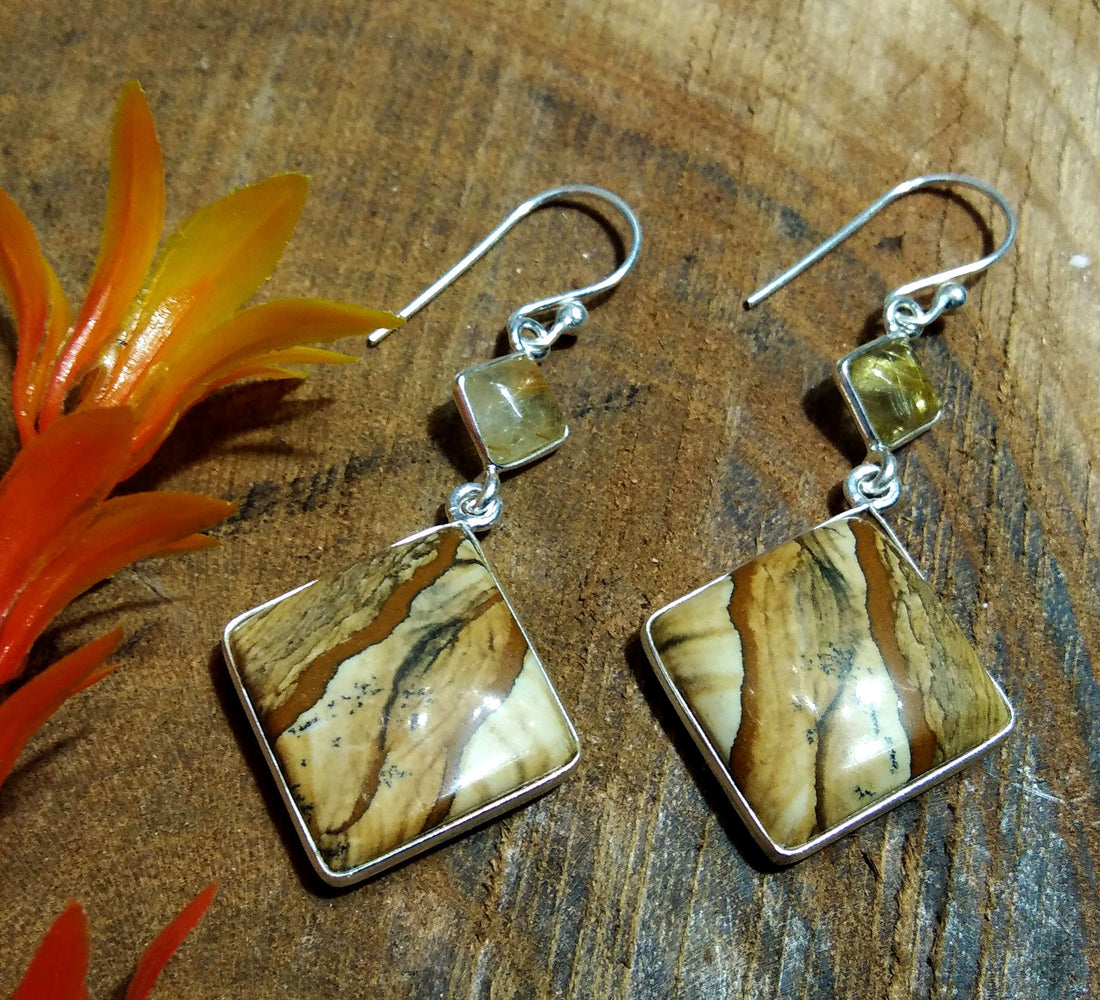 Natural Pitcher Jasper,Golden Rutile Gemstone Drop Earring, 925 Solid Starling Silver Earring, Stone Size 22x22 mm Earrings Women Jewelry