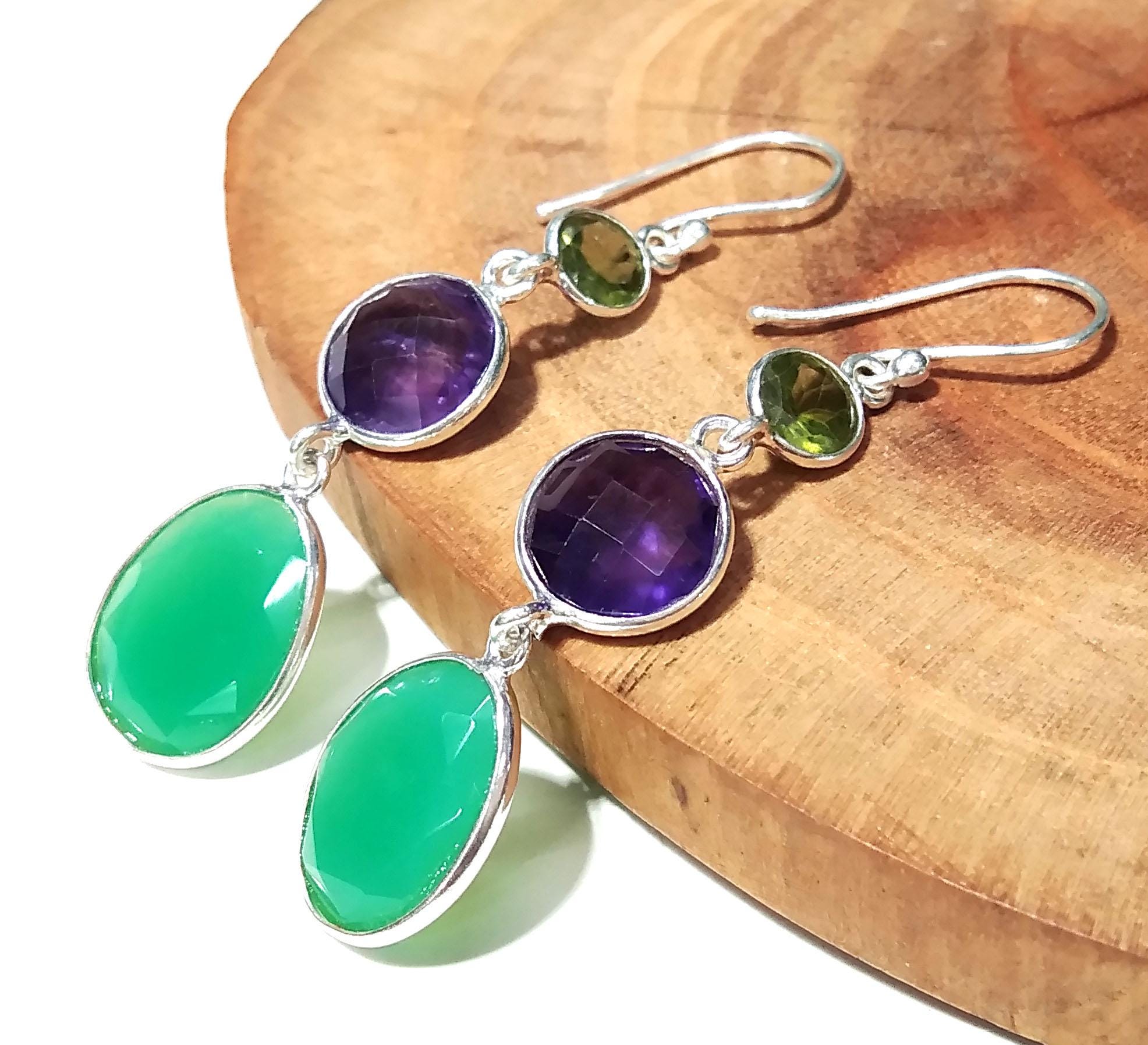 Natural Chrysoprase/Peridot/Amethyst Gemstone Earring, 925 Starling Silver Earring, Chrysoprase/Amethyst Gemstone Earring, For Girls/Women.