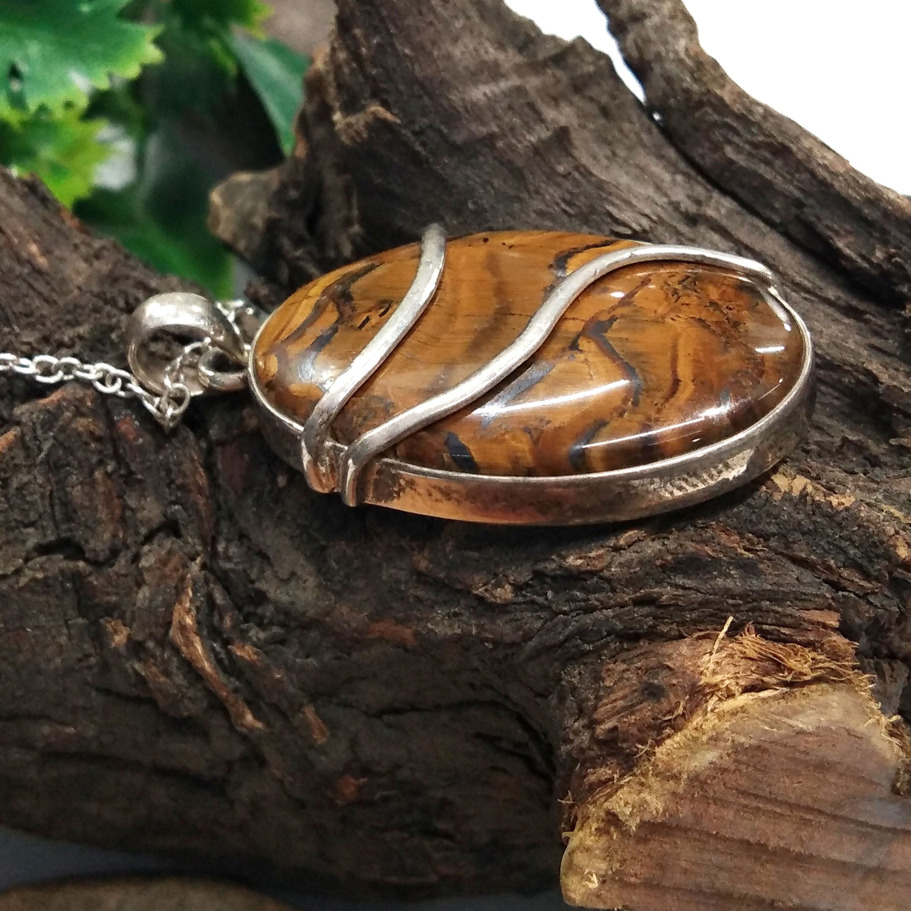 Natural Yellow Tiger Eye Gemstone Pendant Chain Necklace, 925 Starling Silver Pendant Necklace Handmade Stone Size 33x23mm Gift Boho Pendant