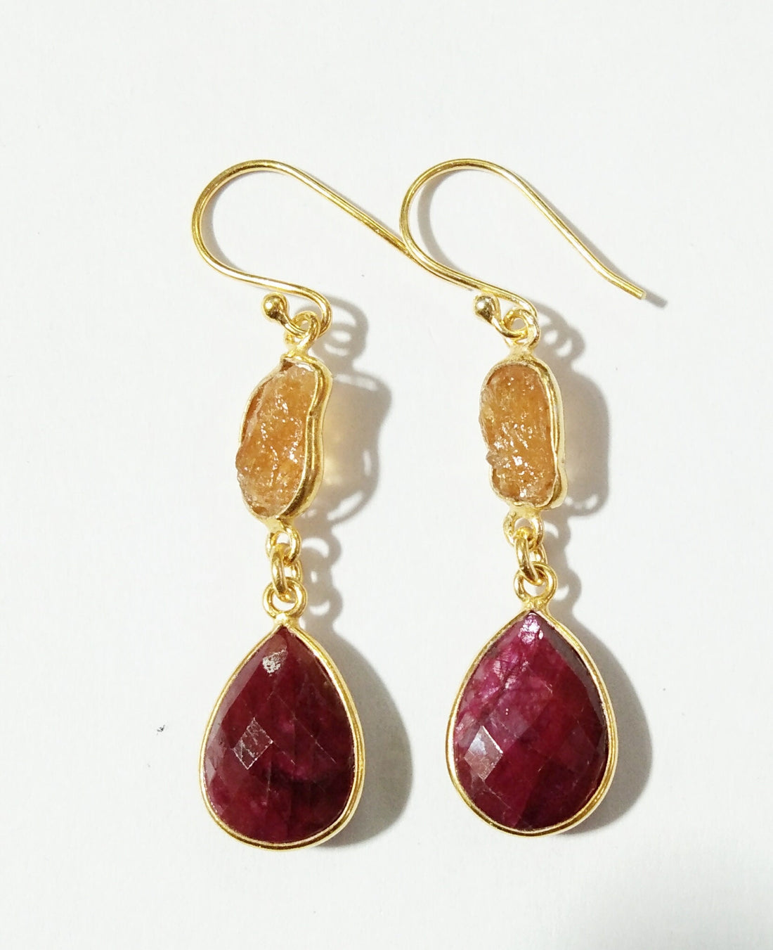 Gemstone Ruby, Orange Garnet Rough Earring, Beautiful Bezel Handmade Earring, 925 Sterling Silver With Gold Plaited Earring, For Girls/Women