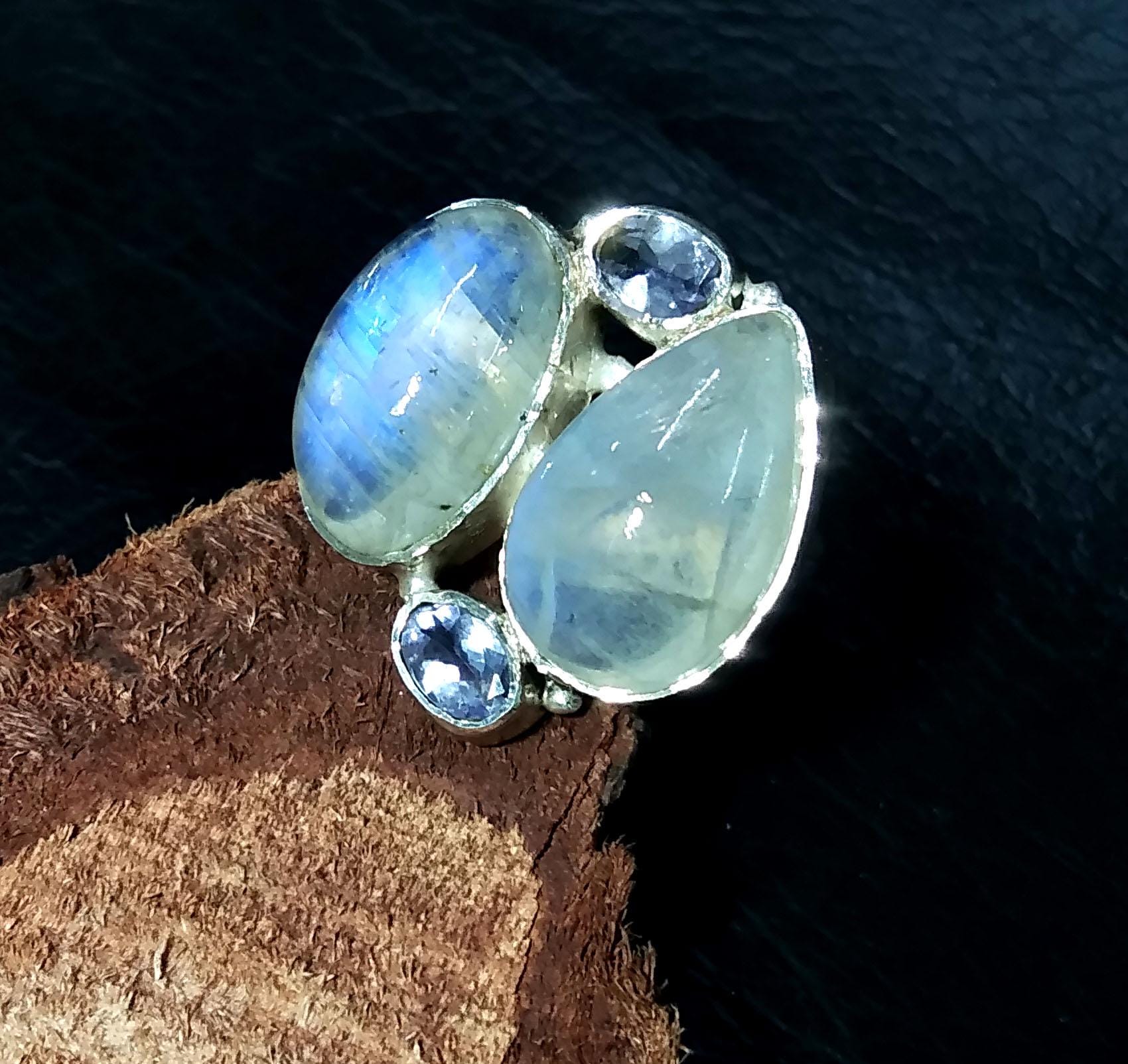 Natural Rainbow Moonstone/Tanzanite Gemstone Ring, 925 Solid Sterling Silver Ring, Stone Size 16x10 mm Handmade Gift Ring, Birthday Ring