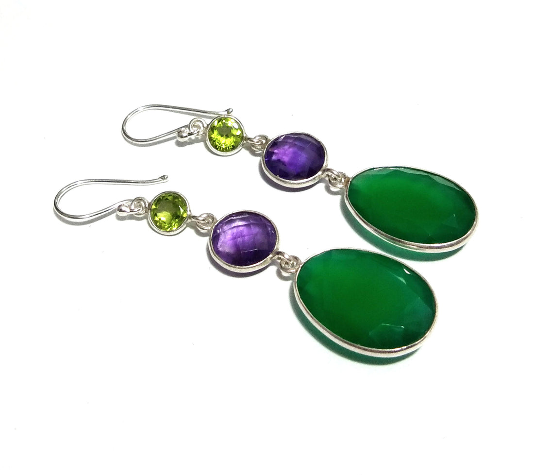 Natural Green Onyx/Peridot/Amethyst Stone Earring, 925 Solid Starling Silver Earring, Onyx/Amethyst Gemstone Gift Christmas Earring