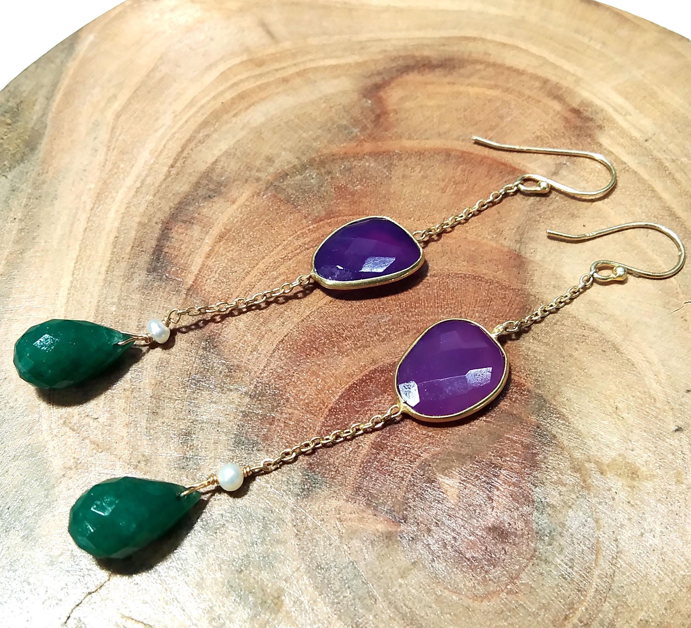 Natural Green Jade & Pink Chalcedony Gemstone Earring, 925 Starling Silver With Gold Plated Earring, Bezel Handmade Earring, For Girls/Women