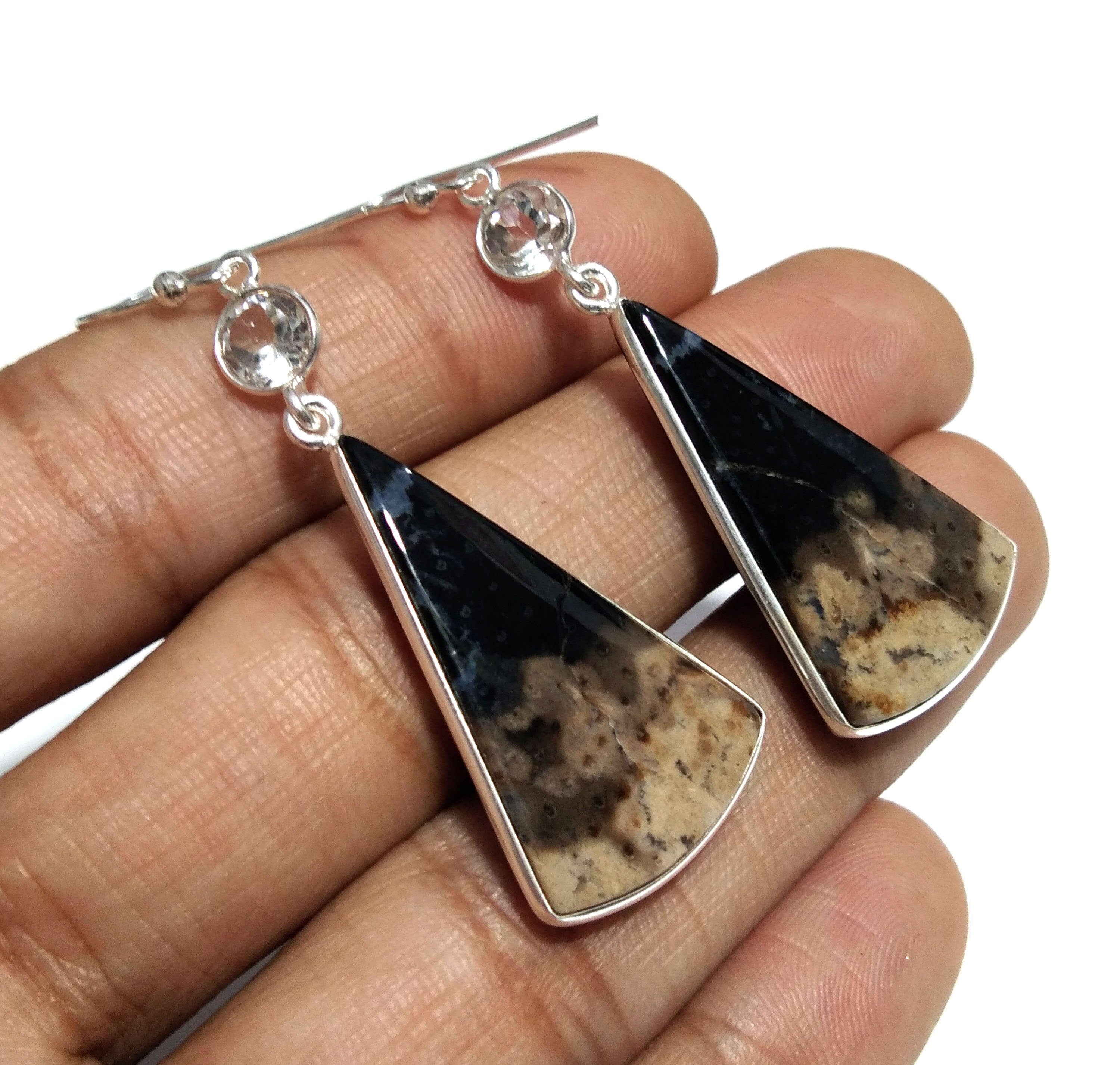 Natural Palm Root Agate/Zircon Gemstone Earring, 925 Solid Starling Silver Earring, Stone Size 31x18 mm Drop Earrings, Birthday Gift Women.