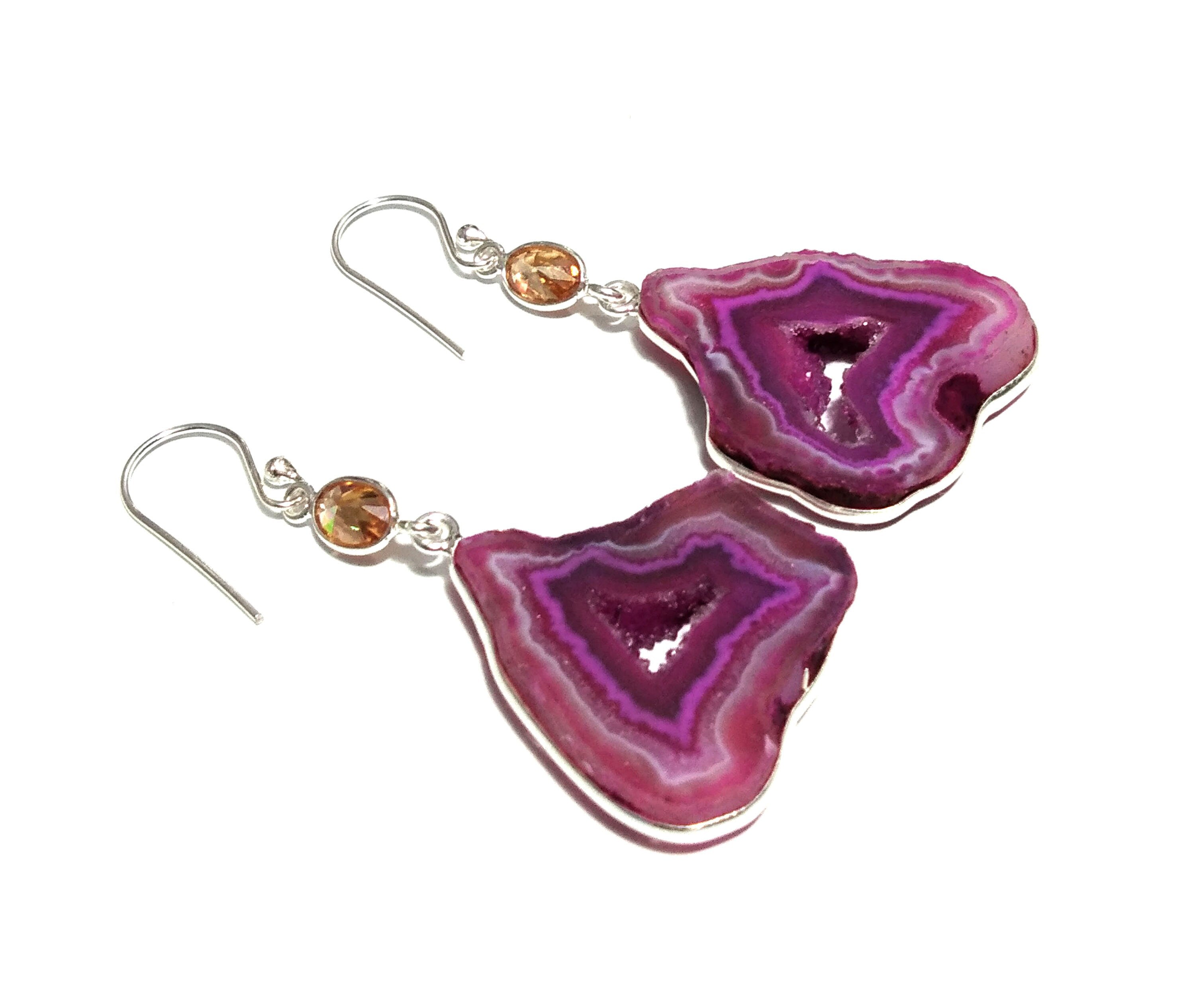 Natural Pink Banded Agate Slice Druzy/Citrine Stone Earring, 925 Solid Starling Silver Earring, Stone Size 30x24 mm Gift Christmas Earring