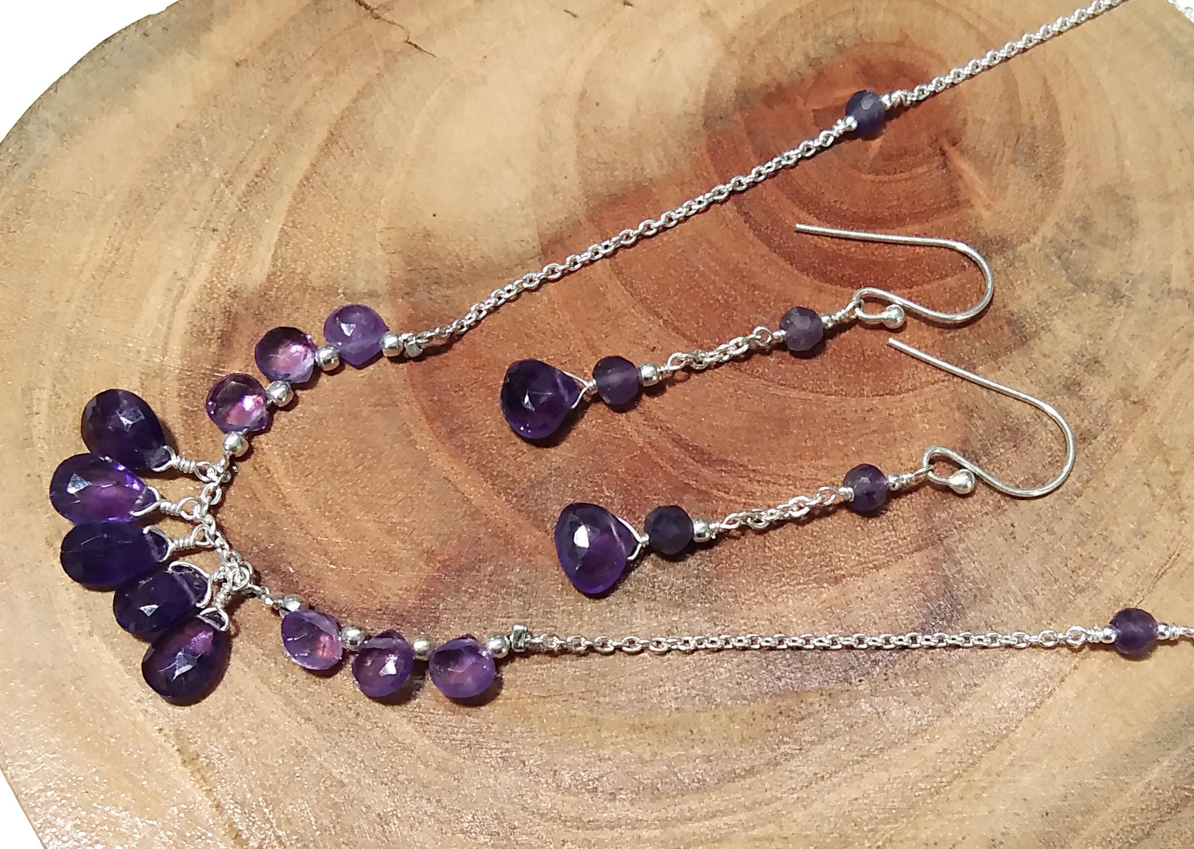 Natural Amethyst Gemstone Earrings And Necklace Jewellery Set, 925 Solid Sterling Silver Necklace, Beautiful Amethyst Stone Gift For Her