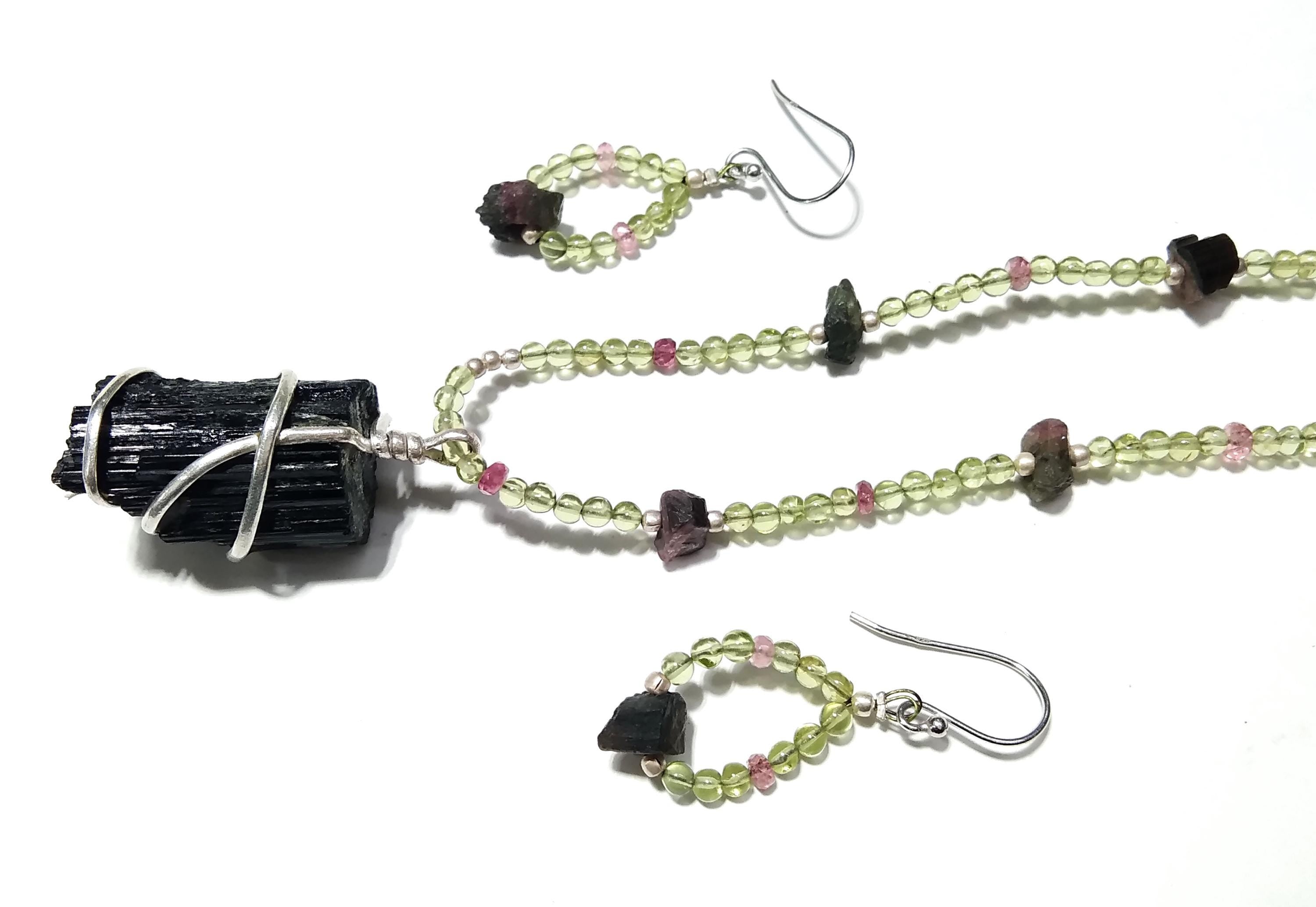 Natural Black Tourmaline/Peridot Gemstone Bead Necklace Jewelry Earring Set, 925 Sterling Silver Necklace Beaded Necklace Statement Jewelry