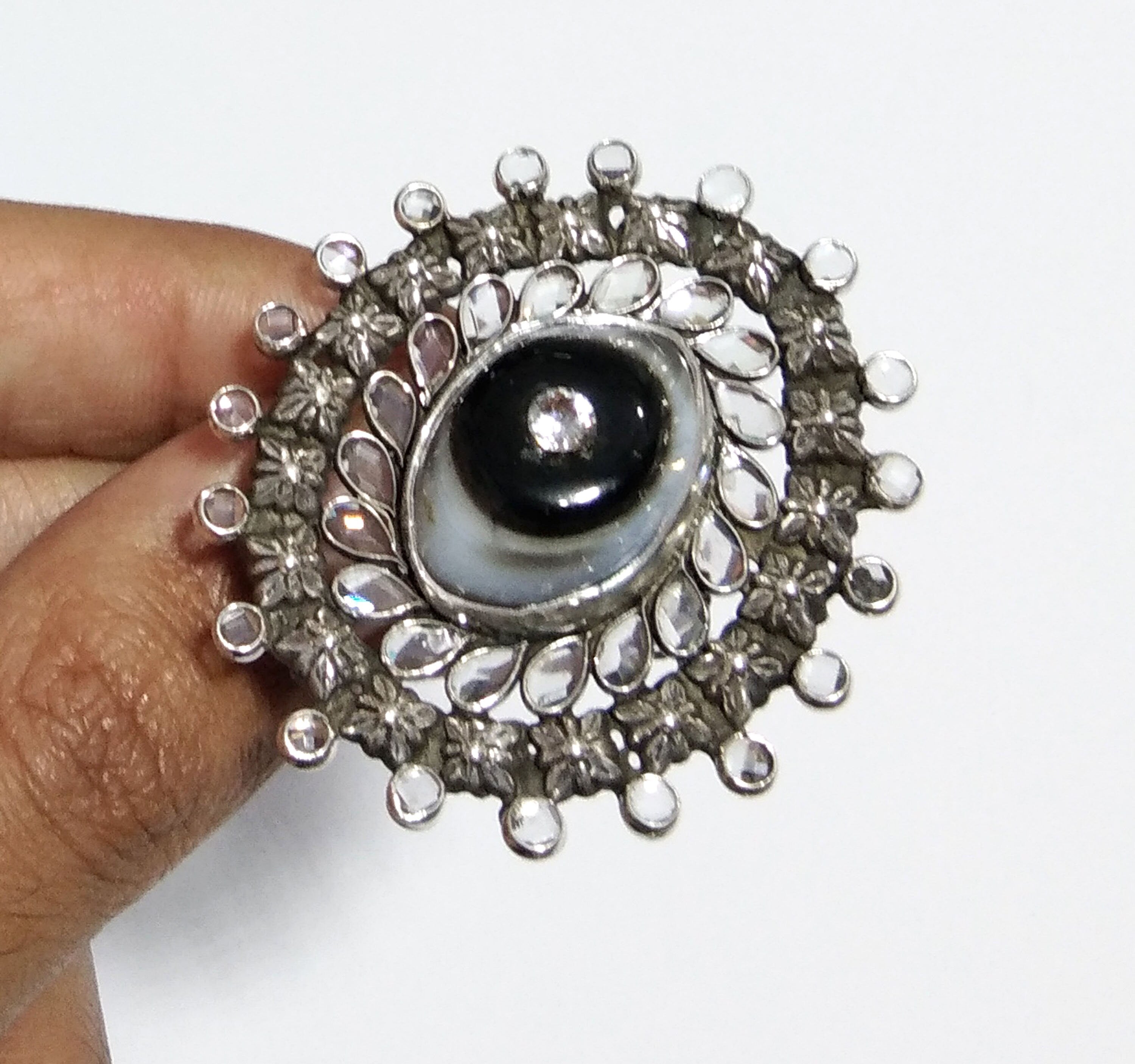 Natural Black Banded Agate, White Zircon Stone Ring, 925 Solid Starling Silver Black Plated Ring, Zircon Handmade Ring, Gift Engagement Ring