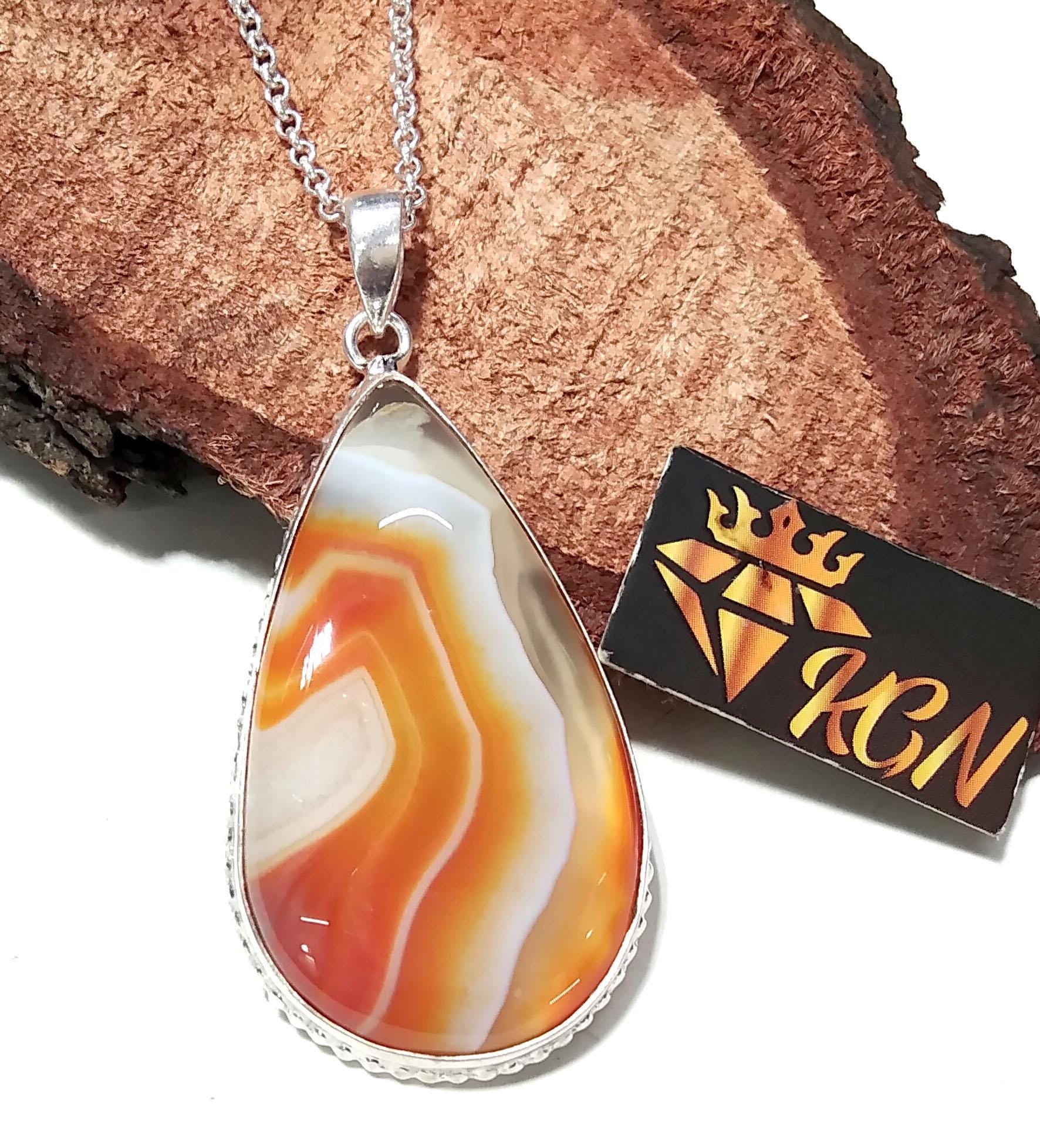 Natural Orange Agate Gemstone Pendant, 925 Sterling Silver Pendant Chain Necklace, Stylish Nice Handmade Silver Pendant, Gift Birthday Stone