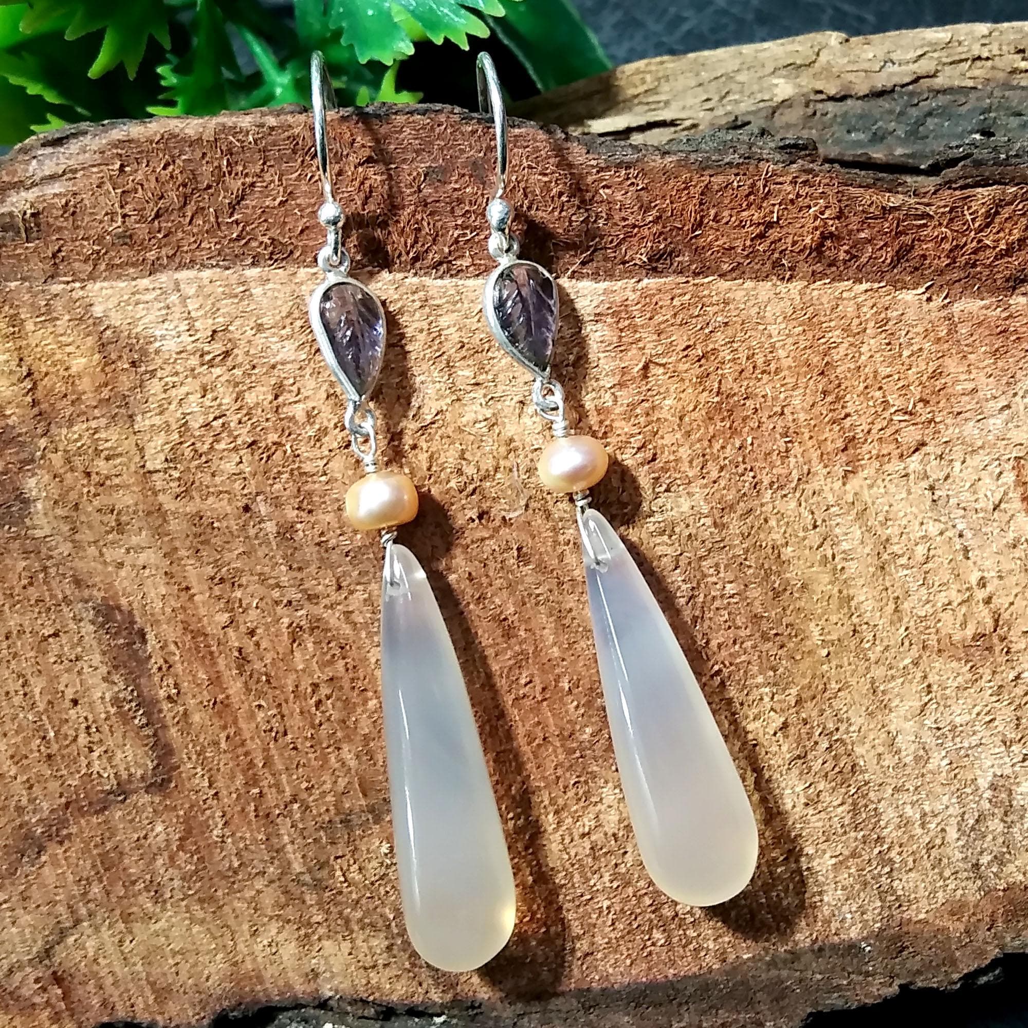 Natural Chalcedony/Iolite Carving & Pearl Gemstone Earring, 925 Starling Silver Earring Handmade Silver Jewelry Stone Earring Gift Birthday