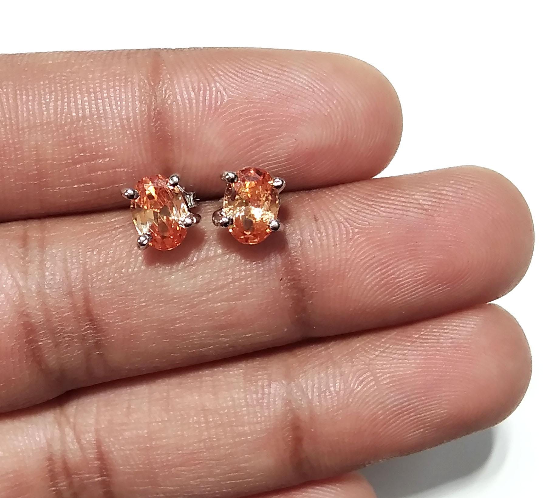 Orange Cubic Zircon Studs Earring, Natural Orange Zircon Oval Shape Studs, Solid 925 Starling Silver Earring, For Gilrs & Women Earrings
