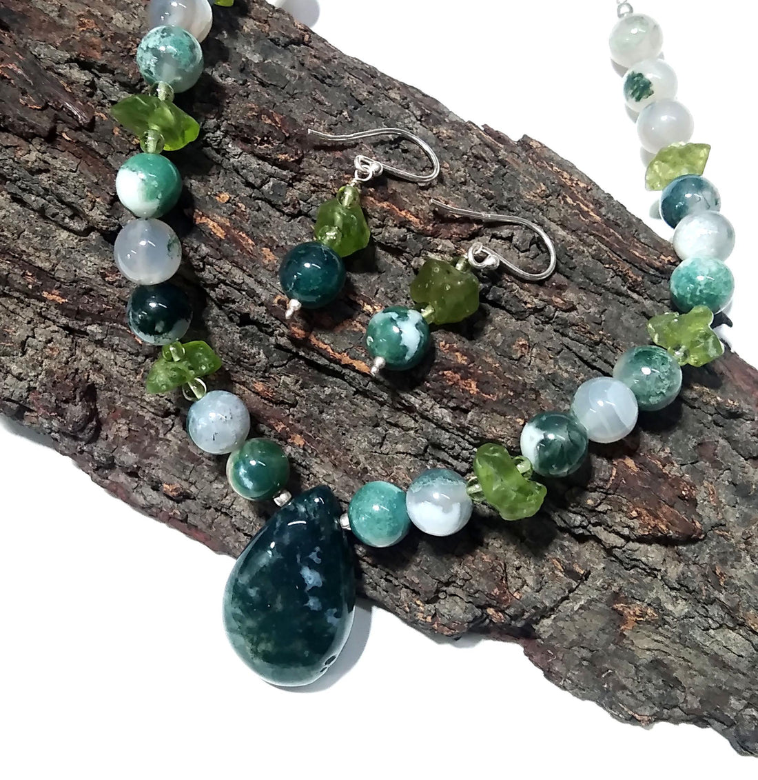 Fabulous Natural Moss Agate/Peridot Gemstone Beads Necklace Set Jewelry, 925 Sterling Silver Necklace Beaded Necklace Statement For Jewelry