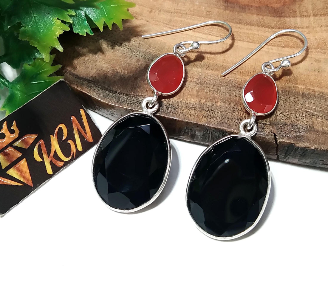 Natural Black Onyx/Carnelian Faceted Stone Earring, 925 Solid Starling Silver Earring, Beautiful Black Onyx Stone Size 19x15 mm Gift Earring