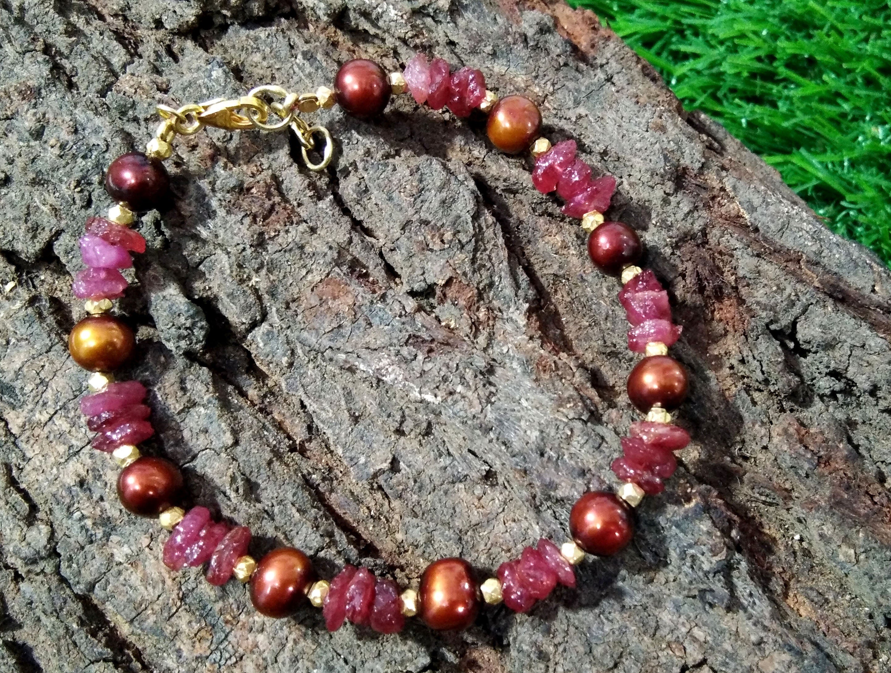 Awesome Natural Ruby Rough & Brown Pearl Bracelet, 925 Sterling Silver With Gold Plated Adjustable Bracelets, Handmade Making Pearl Bracelet